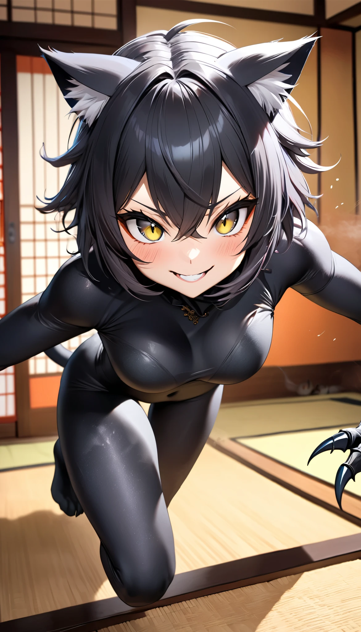 kemono style, a cat woman, solo, her body is cat's fur skin, absurd, ultra-realistic cat's fur, Scratch with sharp claws, high speed line motion, cat's eyes, mischievous Smile, onthe kotatu, Japanese-style room background, BREAK dynamic action, motion blur, a performance that draws you in to her, very cute pop effect, 