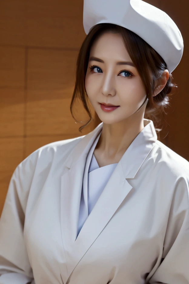 30 year old beautiful nurse 、A nurse's white coat in the 1960s、 upper body photo