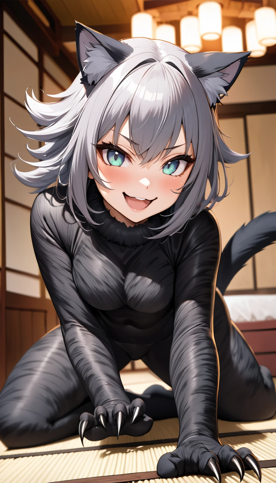 kemono style, a cat woman, solo, her body is cat's fur skin, absurd, ultra-realistic cat's fur, Scratch with sharp claws, high speed line motion, cat's eyes, mischievous Smile, onthe kotatu, Japanese-style room background, BREAK dynamic action, motion blur, a performance that draws you in to her, very cute pop effect, 