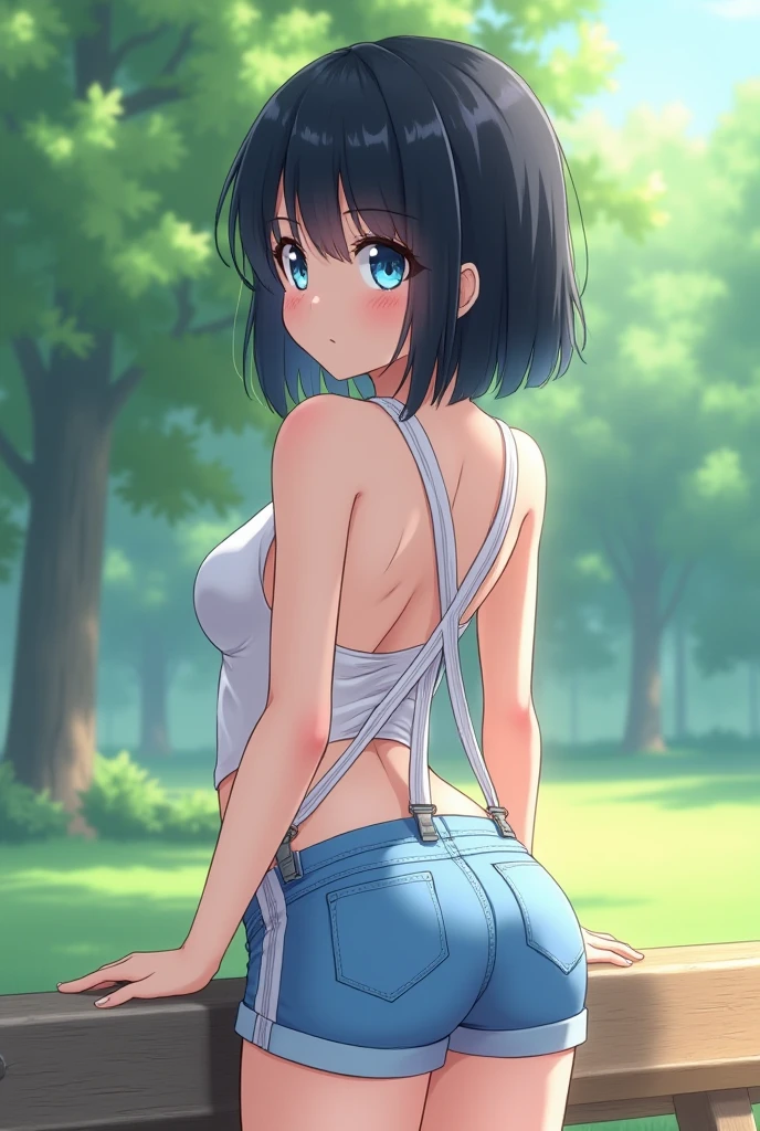 4K,highest quality,Standing posture,High angle,field,Pokémon Trainer,12 years old,beautiful girl,cute,Black Hair,Pigtails,White cap,Baby Face,Droopy eyes,Big eyes,Round eyes,Sleeveless T-shirt,White T-shirt,Belly button,Big Breasts,Underboob,Denim shorts,Shoulder bag