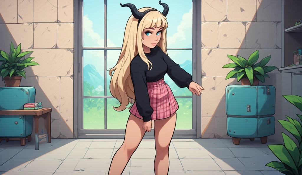 girl, blue eyes, pale yellow hair, long hair, headband with small black horns, kawaii, short pink checkered skirt with black, loose black shirt with long sleeve, white and black canvas shoes, tall of stature, Modern Anime Style, High Definition, Ultra Details, Fantasy Modern World, HD, perspective from above, face in foreground, stretching his hands up, saying goodbye, very happy