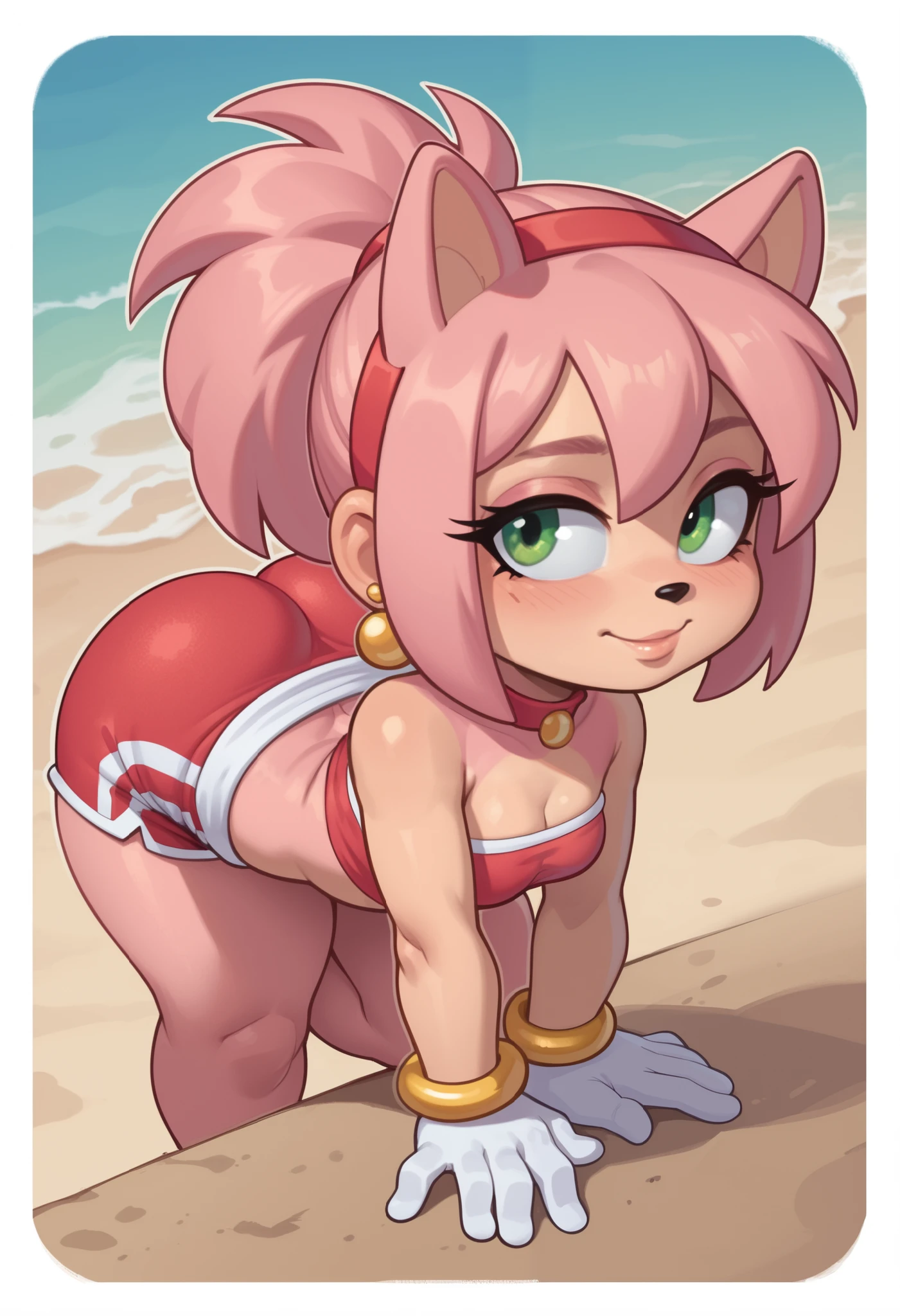 score_9, score_8_up, score_7_up, rating_explicit, source_cartoon, white outline, bold outline, simple background, evnstnly, 1 girl, furry female, amy rose, two-tone skin, cute, (shortstack:1.3), white gloves, gold bracelet, tube top, small breasts, huge hips, plump, chibi, hand on hip, motion lines, half closed eyes, head tilt, from side.|  choker, ponytail, jewelry, fewer digits, makeup, earrings, choker. shirt. shorts. beach. face dawn ass up
