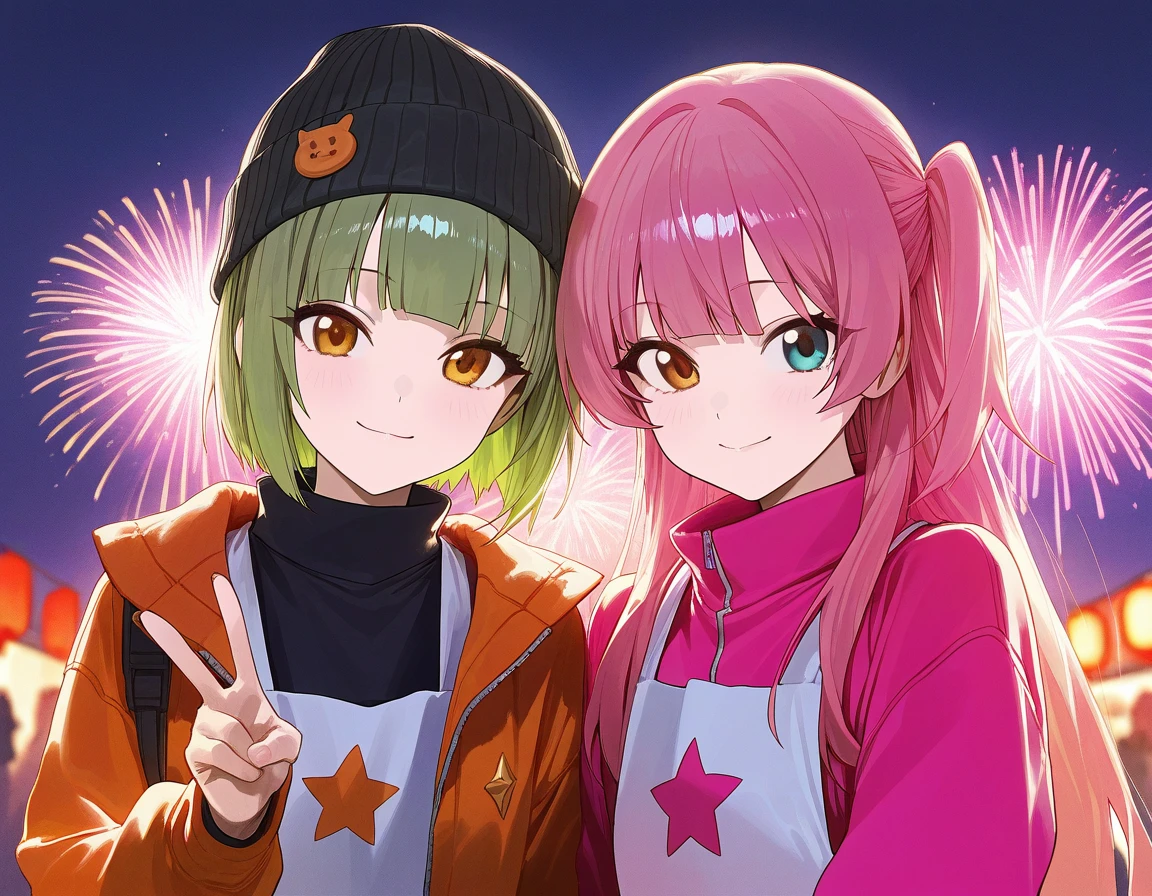 there are two women in green and white uniforms posing for a picture, dressed in crustpunk clothing, kda and sam yang, ayami kojima and lyde caldwell, nixeu and sakimichan, dressed in punk clothing, overload, detailed punk hair, green robes, in game, ruan jia and brom, realistic scene, sitting down