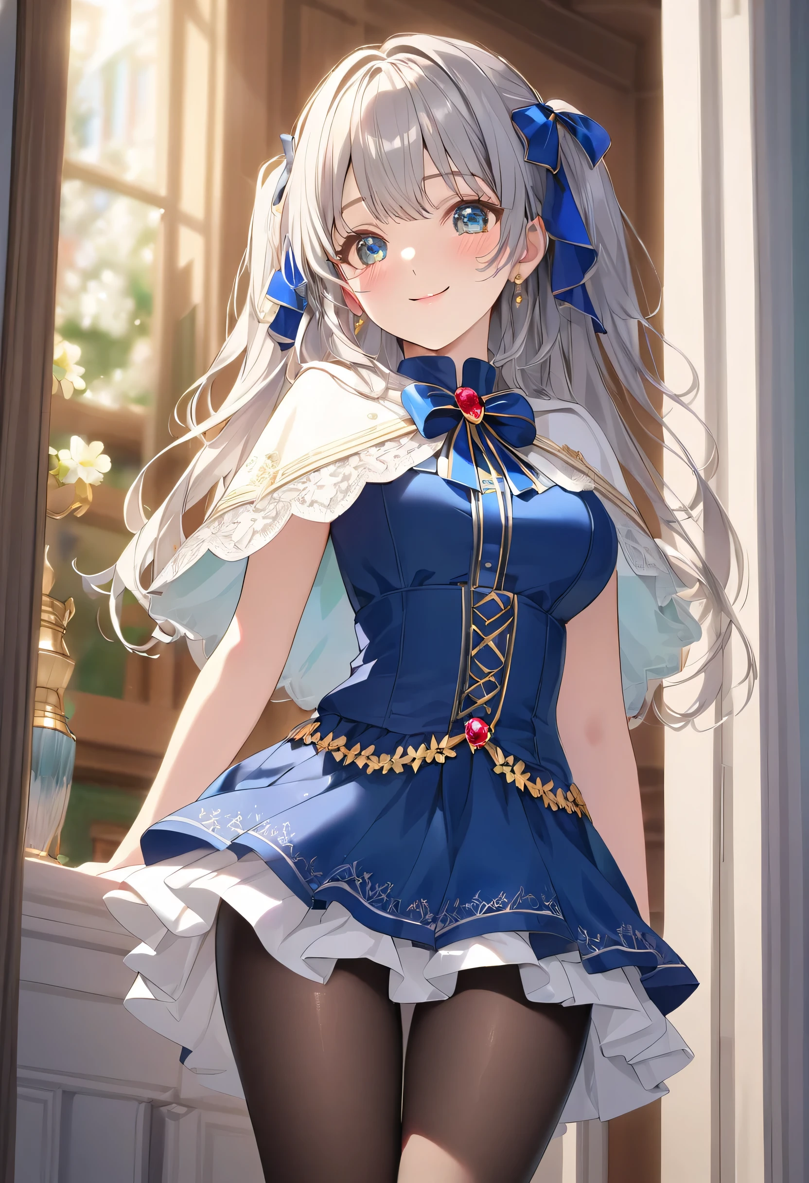 ((ultra-detailed)),   (highly detailed CG illustration),  (best quality:1.2),  ultra-highly detailed,  colorful composition, artistic photoshoot, 1girl, solo focus,  ((thigh to top:1.4)), ((cowboy shot:1.4)), moe anime character, teenage girl, dainty facial structure, (baby face), (round face), ((rounded chin)), ((ideal ratio body proportions)), celia-default, celia claire, blue eyes, sparkle eyes, silver hair color, two side up, (deep royal blue and white strips hair ribbon), ((white capelet with gold decorations:1.4)), white frilled shirt, long sleeves, deep royal blue dress with gold decorations, (deep royal blue neck bow with ruby jewelry:1.4), black pantyhose, deep royal blue beret, purple skirt with white ruffles, purple footwear, expecting, pink cheek, blush, light pink gloss slip,  standing by the window in a room decorated in rococo style, portrait, depth of field, soft lighting, sidelighting, (shine), lighting, caustics, ray tracing, smile, perfect face, lustrous skin, highly  detailed face, highly detailed eyes, perfect face, perfect nose, perfect hair, perfect eyes, perfect anatomy, beautiful hair, beautiful small face, extremely detailed face, beautiful detailed eyes, beautiful clavicle, beautiful body, beautiful huge breasts, breasts squeezed together, equalize the size of the left and right breasts, beautiful thin thighs,  beautiful legs, beautiful fingers, lovely, (very detailed background:1.0), (highly detailed background:1.0), spring aesthetic, intricate details, joyful atmosphere, spring colors palette, chromatic aberration