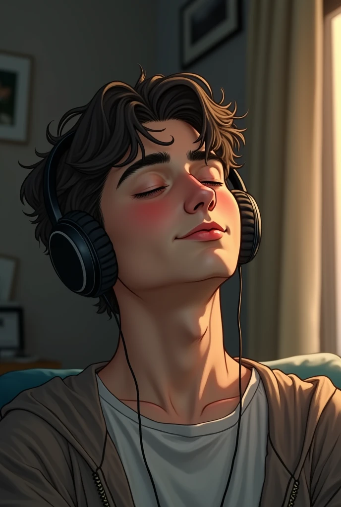 Moscular topless boy laying on bed, listening music on earphone,reaslitic anime style, glitter makup, wide lips, solo boy selfie