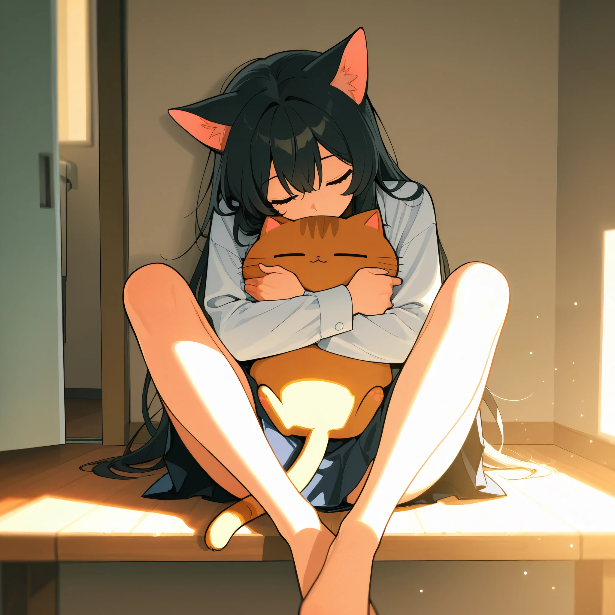 Anime girl sitting on a ledge with a cat on her lap - SeaArt AI
