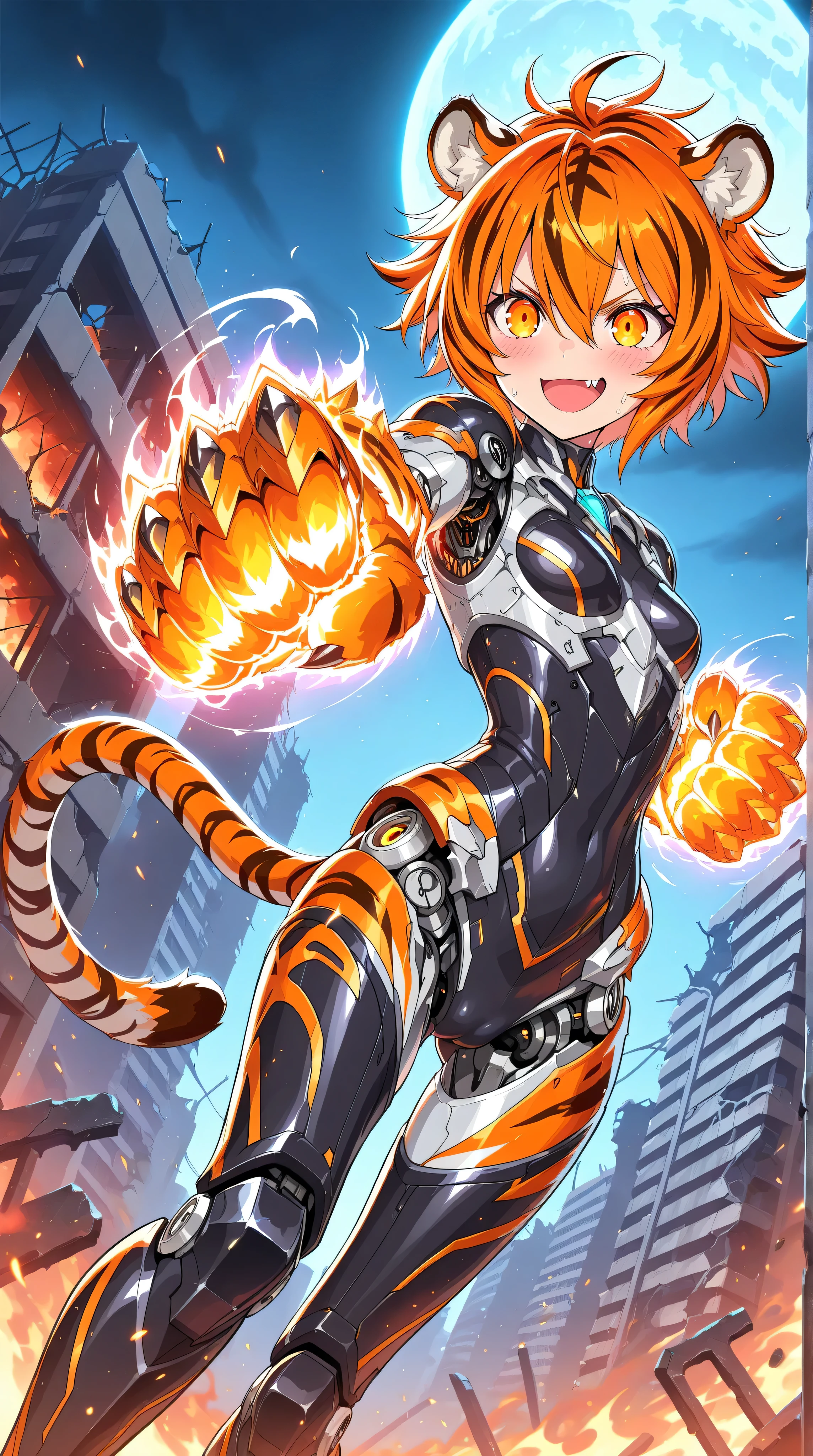 masterpiece,best quality,official art,extremely detailed CG unity 8k wallpaper,(Sci-fi style,Mechanical style,nsfw
1girl,small breast,cameltoe,Mechanical body,mechanical parts, mecha corset, robot joints, mechanical arm, (whole body), (slim legs), (mecha musume), lustrous skin, shiny skin,sweat
orange tiger armor,fang,tiger paws, tiger tail, tiger ear
outdoor, building_ruins, burning city, black night, full moon
crazy smile, blush, open mouth,raised tiger paws,
orange eyes
(orange hair,messy hair:1.4), short hair,hair_between_eyes, solo,dramatic angle,punching,imminent punch,incoming attack,incoming punch,dynamic angle,speed line,motion lines,