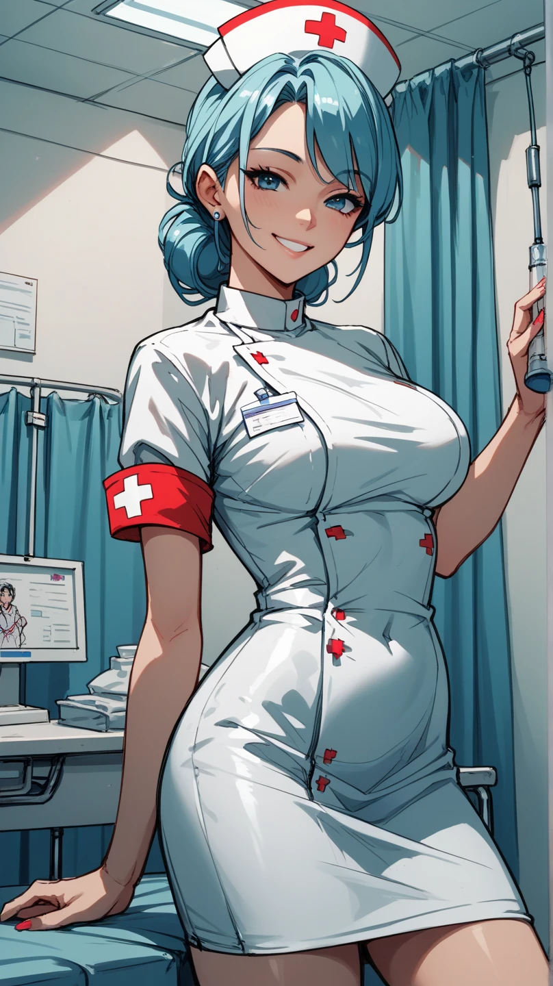 A super heroine (nurse themed outfit, athletic, amazing eyes, tool bag for surgery) in a heroic pose, aliens invade Tokyo