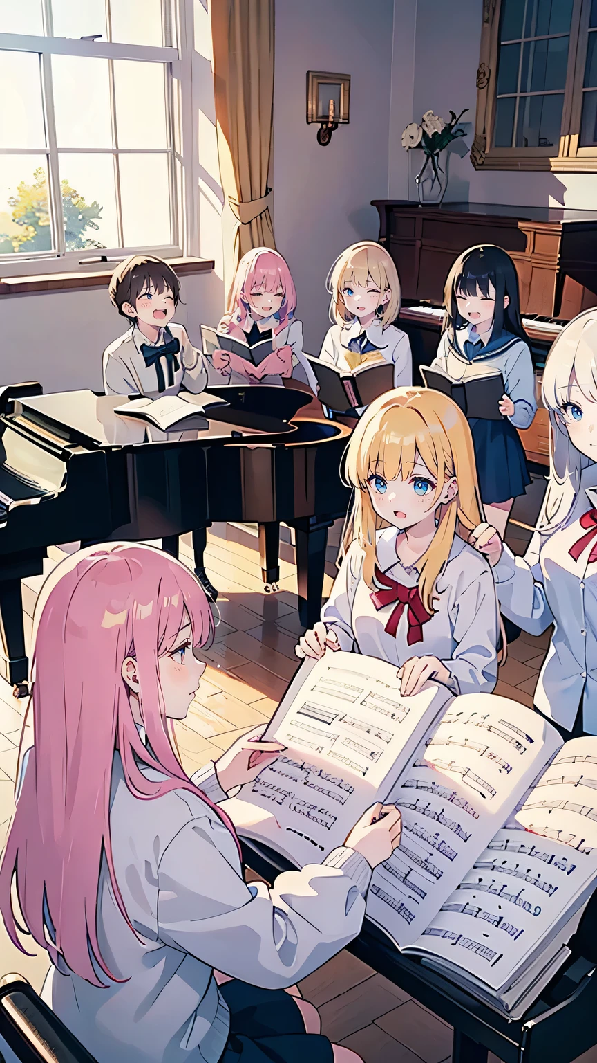 “Inside the high school music room during a casual choir practice. The choir members are laughing and chatting between songs, creating a lively and carefree atmosphere. The main character is in the center, smiling brightly, holding a music sheet. The room is bathed in warm, natural light from the large windows. Around her, other students relax and joke, with one member playfully tapping the piano keys. The scene is filled with friendship and the simple joy of singing together.”
