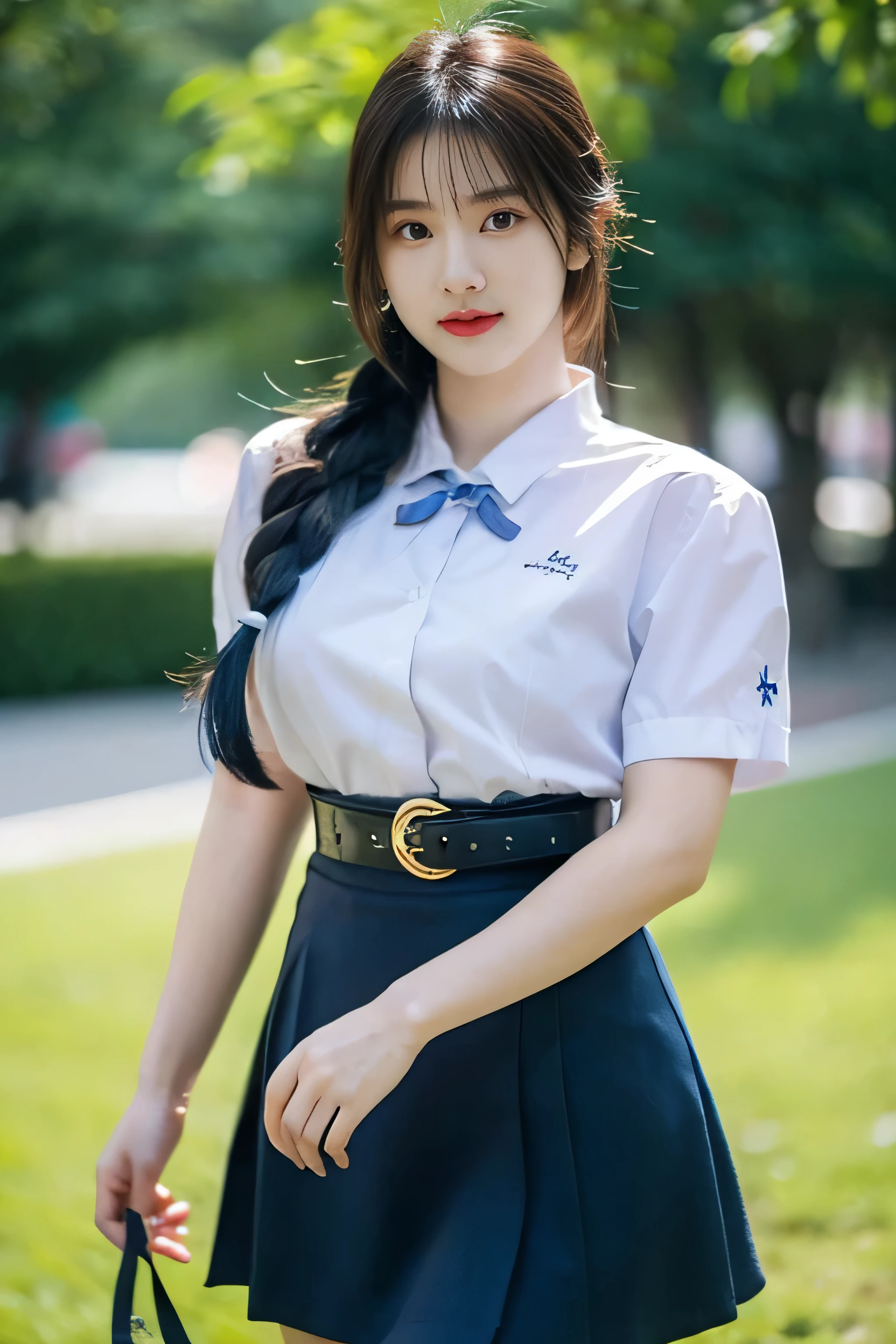 cute thai girl without bang, solo, dollies eye, long hair, blue skirt, white shirt,black hair, ribbon, braid hair, belt, right hand, left hand, photo background ,high_resolution ,excellent, performance and top quality, hyper_detail ,8k,Realism, large breasts