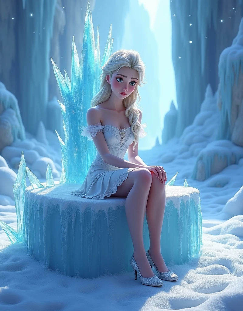 (1 Elsa Disney), sitting on a throne of ice, in a kingdom made of ice, white victorian clothes, sad face, short dress, show the shoulders, very beautiful, stalactites, winter, legs, cold, crystal high heels, wearing a crown of blue ice, sunshine, shining ice