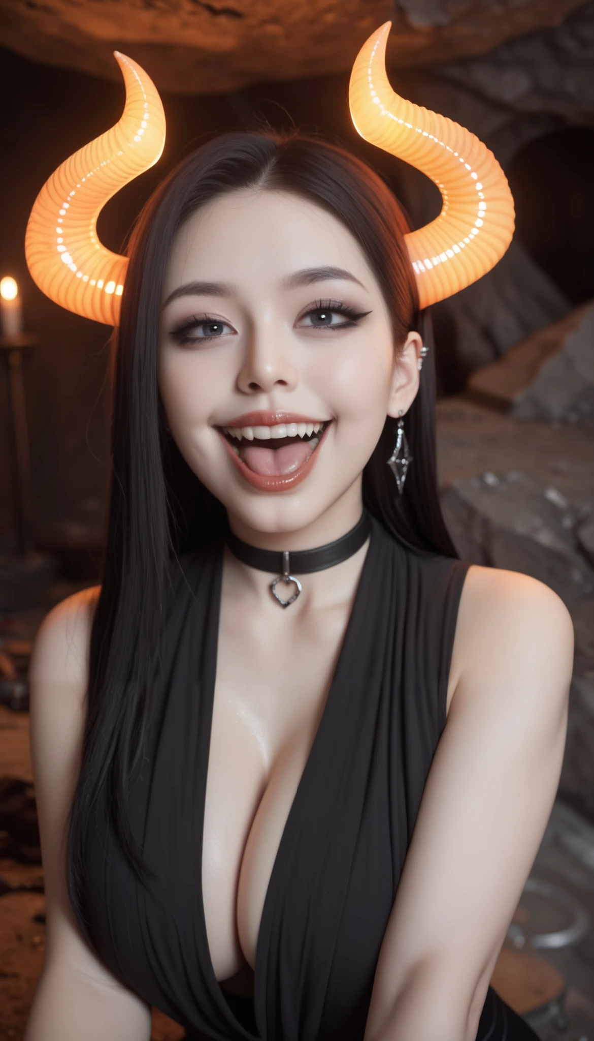 ( ultra high definition: 1.6), Korean girl, ( huge boobs:1.6), Succubus, devil, shining eyes , glowing horns , devil의상, dark cave. goth costume, devil 날개, Black clothes. Inside the cave, black lips , Black eyeliner , developed fangs, opens her mouth, laugh