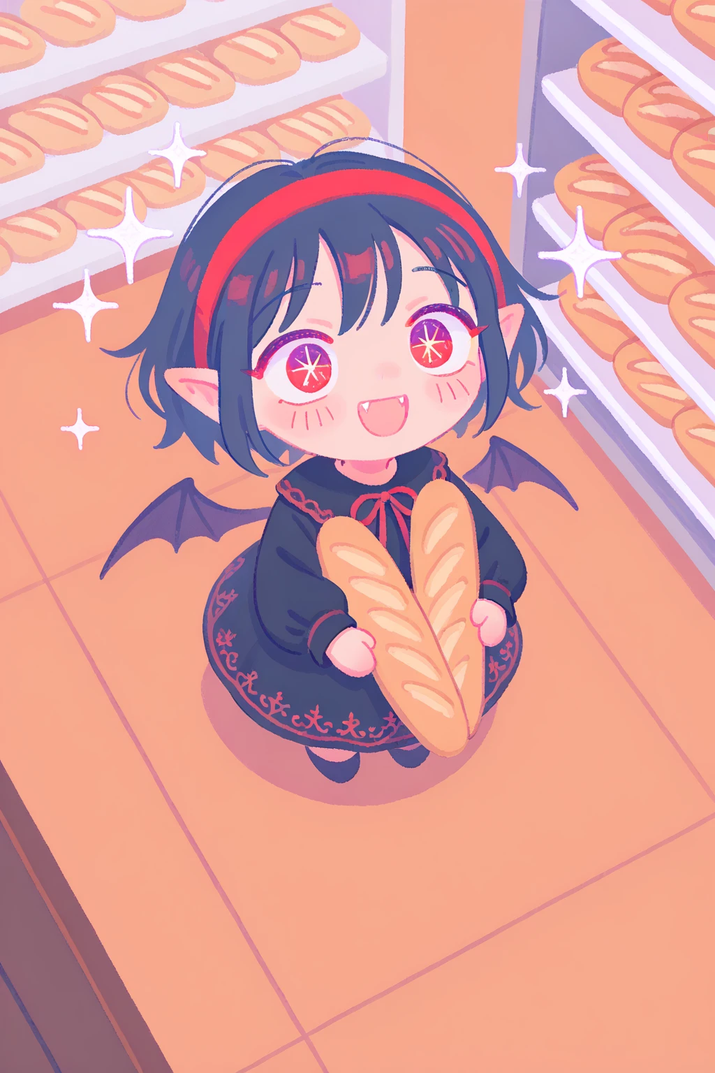 (solo:1.4),1girl\(vicomte,(chibi),cute, vampire wings, red eyes,open mouth, sharp vampire fangs, black short hair, elf ears, cute (((red ribbon))) headband, (big evil smile) cute smile,face shining, big eyes, cute expression, black short vampire robe\(gothic embroidery\), hugging (baguette bread) \),cute pose,black short vampire dress,full body, (many sparkle in eyes:1.4)\),inside,at bakery, breads displayed neatly on shelves, (from above:1.5), dutch angle, minimalist, lineless