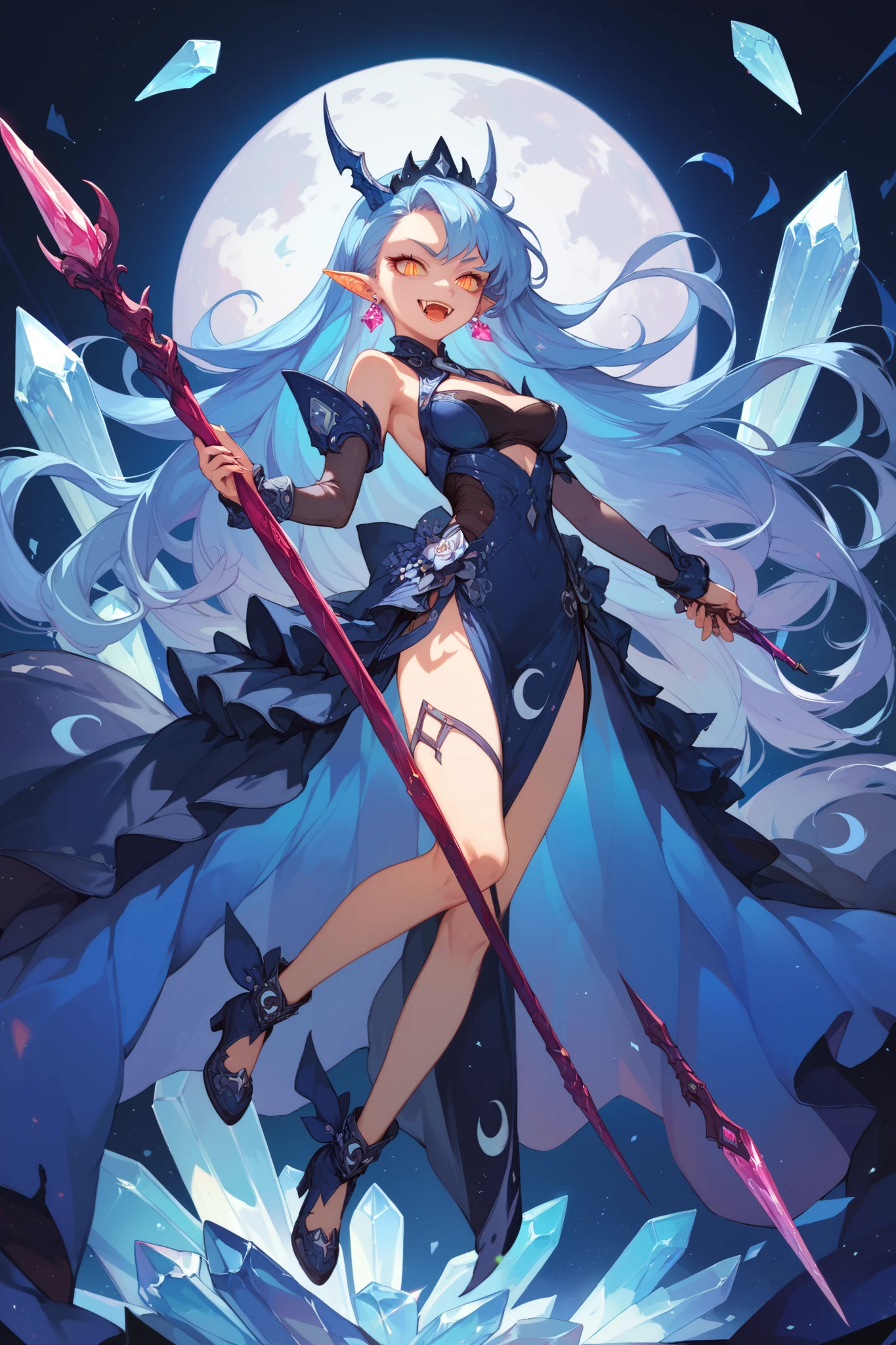 Girl who a luna month Very Long Hair, Earrings, pointy ears, High Details, Super Detailed, High Quality, Crystal Earrings, Slit Pupils, Anime, Anime Style, Fangs, full body holding weapon