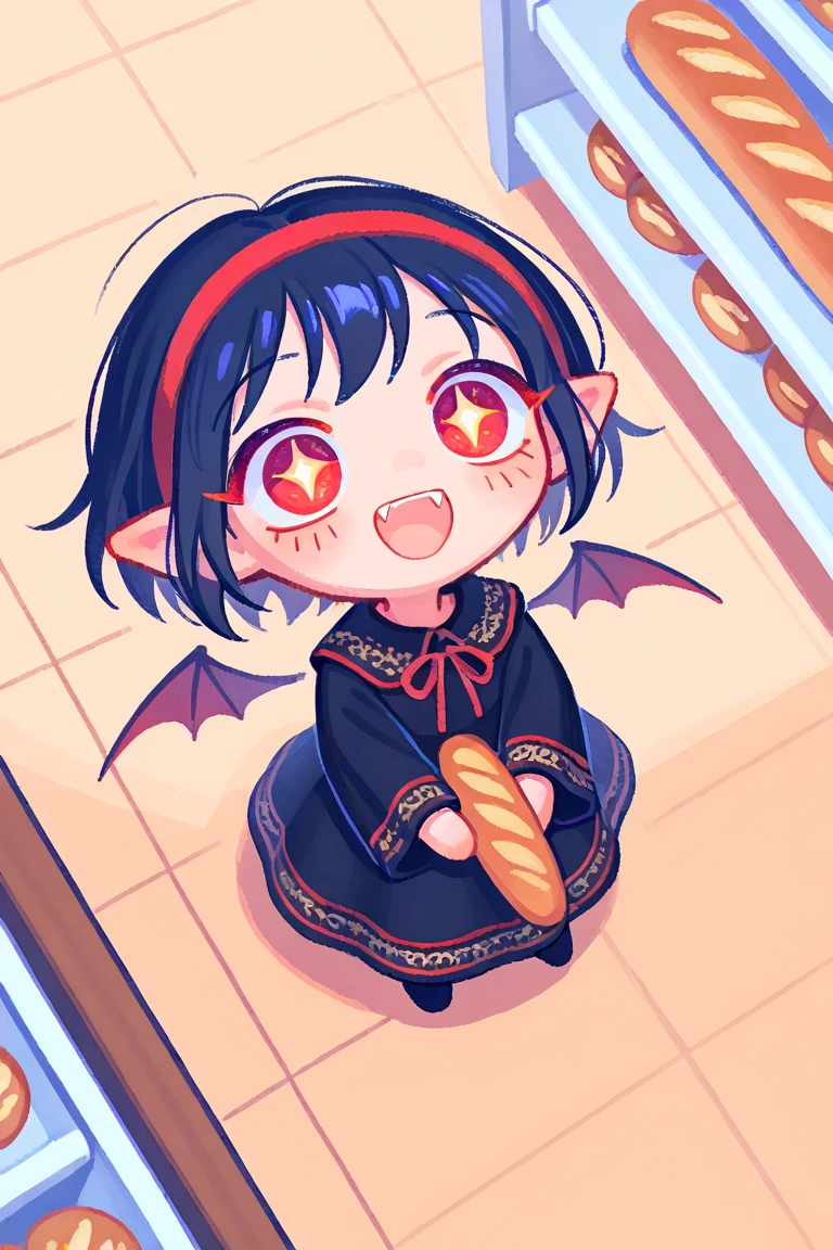 (solo:1.4),1girl\(vicomte,(chibi),cute, vampire wings, red eyes,open mouth, sharp vampire fangs, black short hair, elf ears, cute (((red ribbon))) headband, (big evil smile) cute smile,face shining, big eyes, cute expression, black short vampire robe\(gothic embroidery\), hugging (baguette bread) \),cute pose,black short vampire dress,full body, (many sparkle in eyes:1.4)\),inside,at bakery, breads displayed neatly on shelves, (from above:1.5), dutch angle, minimalist, lineless