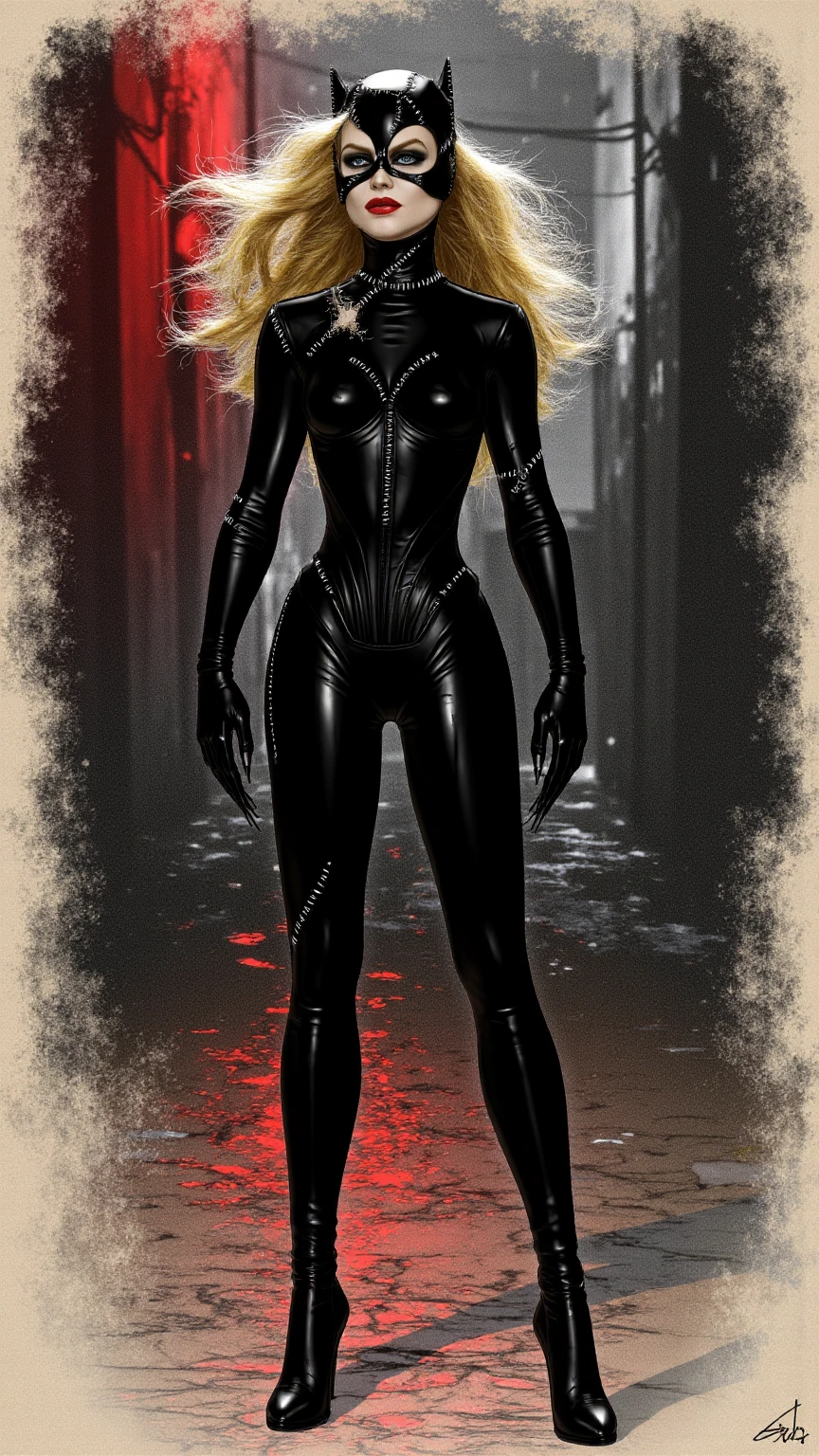 Create a highly detailed sketch in a film Pop art style, featuring a standing modest figure inspired by Michelle Pfeiffer's Catwoman. Red lips, shinning black leather, blond hair, flowing hair,The character embodies realistic cat-like features, with striking feline eyes and elegant, flowing hair. She is dressed in a stylish, catwoman outfit that exudes confidence and mystery. Incorporate elements inspired by Joker and Batman, with a playful yet dark aesthetic. Background of gotham city with Joker and Batman inspiration, The artwork should be in monochrome with red touch,  showcasing high contrast and dramatic shadows reminiscent of the 1940s, creating an enigmatic atmosphere that captivates the viewer.