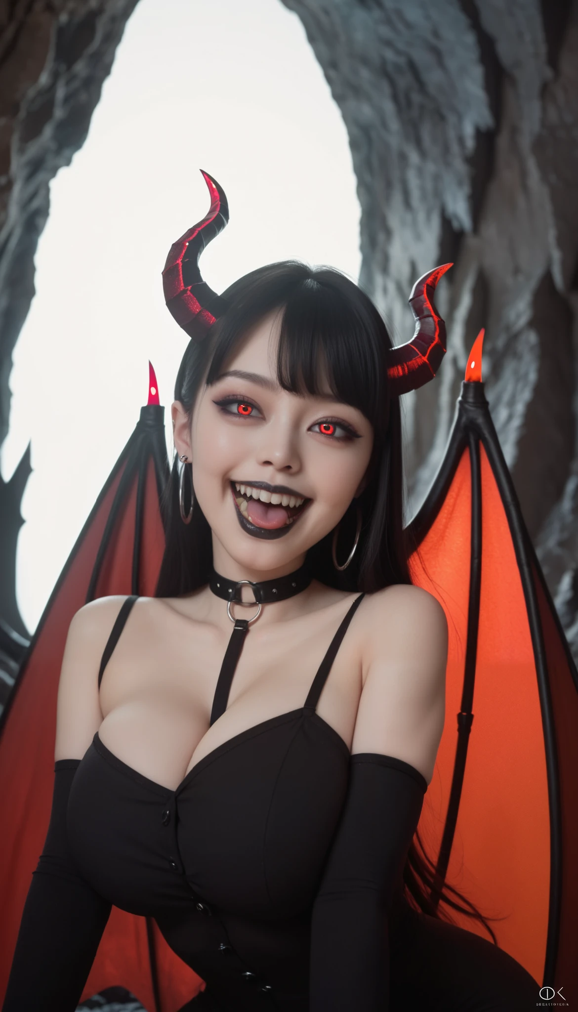 ( ultra high definition: 1.6), Korean girl, ( huge boobs:1.6), Succubus, devil, shining eyes , glowing horns , devil의상, dark cave. goth costume, devil wings, Black clothes. Inside the cave, black lips , Black eyeliner , developed fangs, opens her mouth, laugh, wings