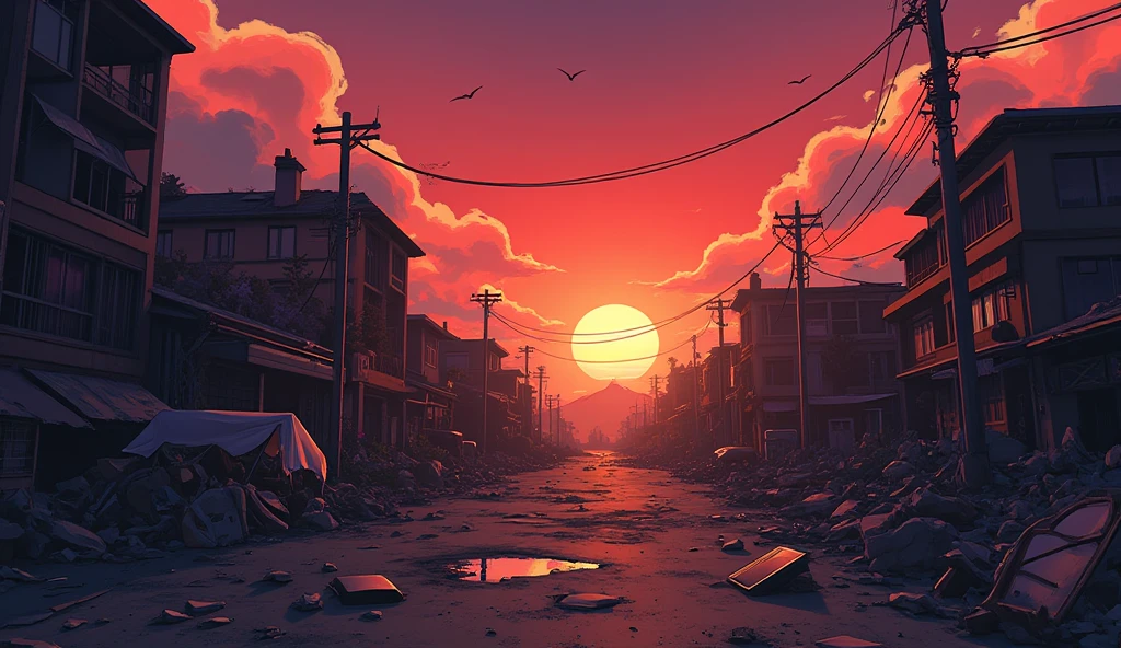 Destroyed city in anime style, without structures, like a terrain with scrumbles around, dirty floor, and a dark eerie atmosphere, ((sunset vivid sky)), ((you can use shibyua city in jujutsu kaisen season 2 as example))