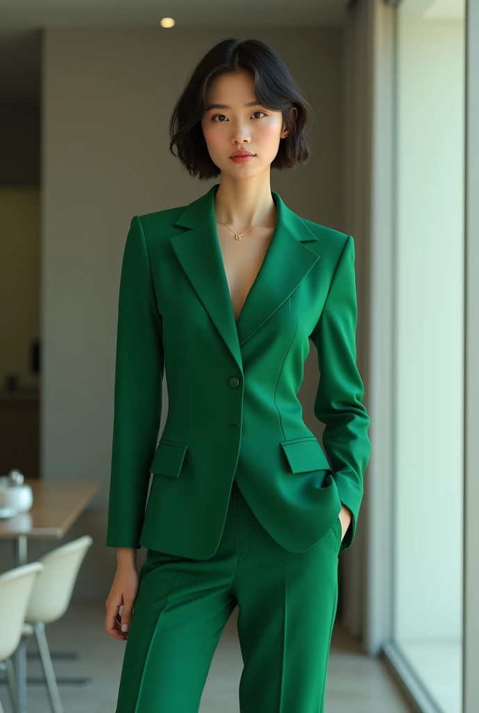 captured with a Sony α7 III camera, young Asia, an narrow waist, wide hips, and a full bust. The proportions are highly stylized, with a sharp contrast between the tiny waist and the expansive curves of the hips and chest, full body shot, fitted leather blazer Emerald green in color, high heels Blush pink, standing straight, creamy white background.