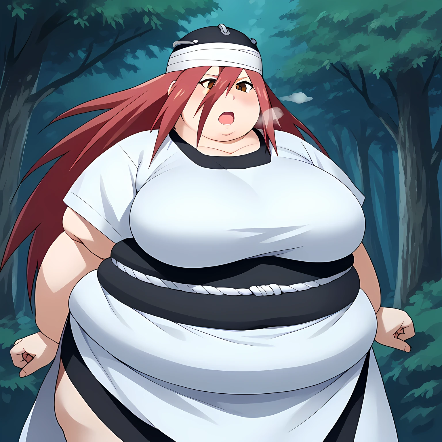 score_8_up, BREAK, 1girl, solo, tayuya, red hair, long hair, brown eyes, tunic, upper body, outdoors, forest,  arms at sides, fat, chubby, obese, gigantic arms and legs, large breasts open mouth, out of breath