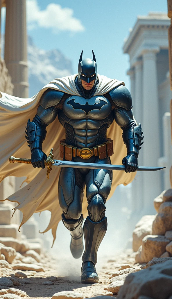  This is Batman protecting Greece 。 Please follow Batman in the design 。The armor is full of scratches 。 His armor consists of light blue and white 。 He's wearing a white cloak 。He wears a crown that evokes the image of Greece。He holds a sword in both hands 、He runs through 。 Greek buildings and rocks are reflected in the background。 Dynamic Poses。