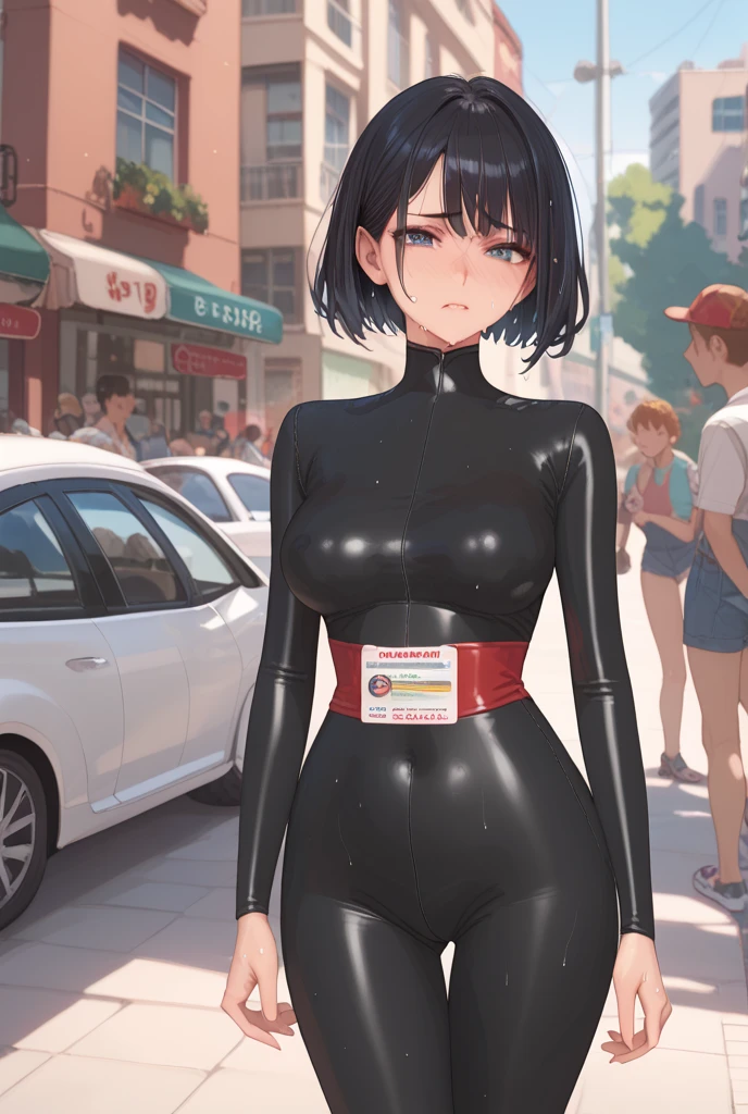 1girl, anime style, short black hair, large breasts, very small waist, thick thighs, Black latex bodysuit, very sweaty, very hot, very uncomfortable, sweat glistening, uncomfortable body language, sweating, sweating expression, uncomfortable expression, full latex, detailed facial features, intricate clothing folds, high quality, outside, in a sunny park