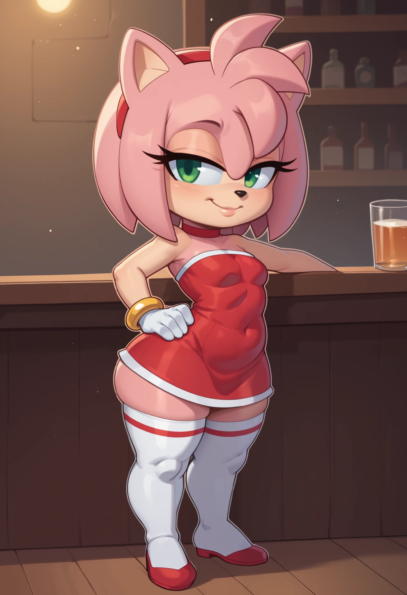 score_9, score_8_up, score_7_up, rating_explicit, source_cartoon, white outline, bold outline, simple background, evnstnly, 1 girl, furry female, amy rose, two-tone skin, cute, (shortstack:1.3), white gloves, gold bracelet, tube top, small breasts, huge hips, plump, chibi, hand on hip, motion lines, half closed eyes, head tilt, from side.|  choker,  mini dress, stockings, bar. 