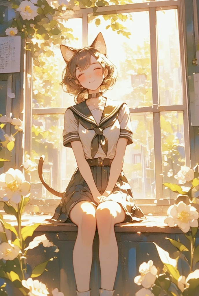 Artwork, anime, 8K quality, theme is "cat ear girl", cat ear girl wearing sailor uniform sitting in high school classroom, window seat, light shining in, girl with sleepy expression invited by spring weather, classroom on a beautiful spring day, heartwarming scene, light watercolor, brush strokes