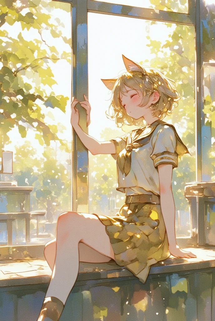 Artwork, anime, 8K quality, theme is "cat ear girl", cat ear girl wearing sailor uniform sitting in high school classroom, window seat, light shining in, girl with sleepy expression invited by spring weather, classroom on a beautiful spring day, heartwarming scene, light watercolor, brush strokes