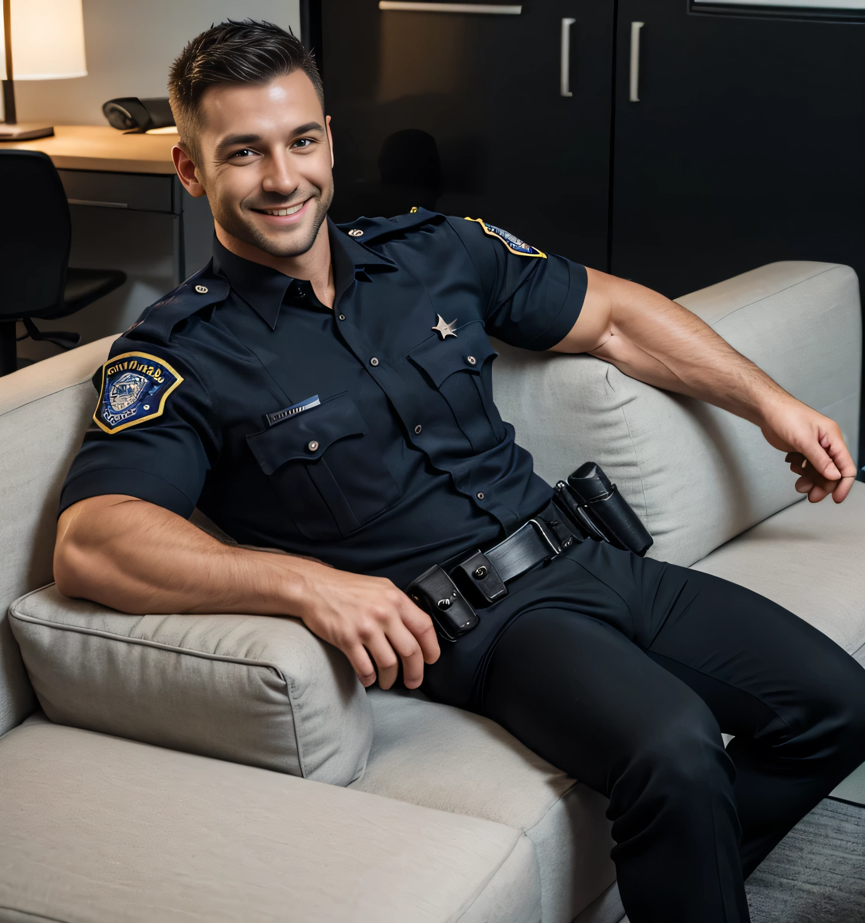 1male,((police officer costume)),muscular,((sock garters)),lying,on bed,bulgeJ8,masterpiece, best quality, epic reality , epic photorealistic , ultra realism , nsfw , ((drooling , saliva))
