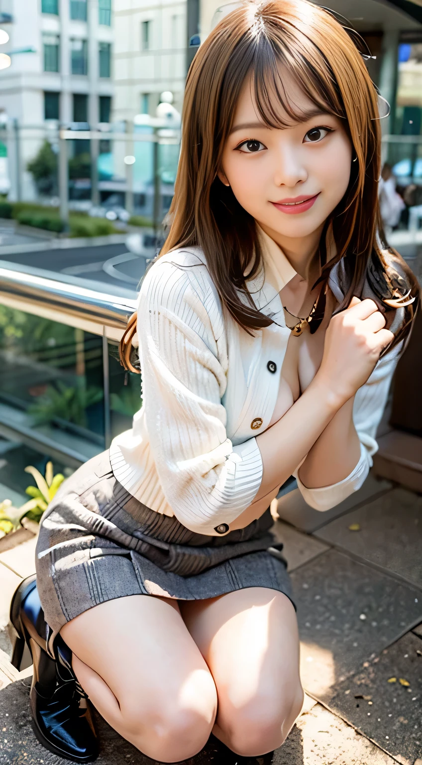 best quality, full body portrait, delicate face, Pretty face, slimming、(skirt lift), ((skirt lift by myself)),blue panties , panties focus, looking at the viewer、light purple turtleneck、Gray plaid skirt ,inside the office、 black pantyhose,adorable,smile,long legs,sitting pose,high heels、Tiffany's Necklace、Ring-shaped earrings、Chain Bracelet