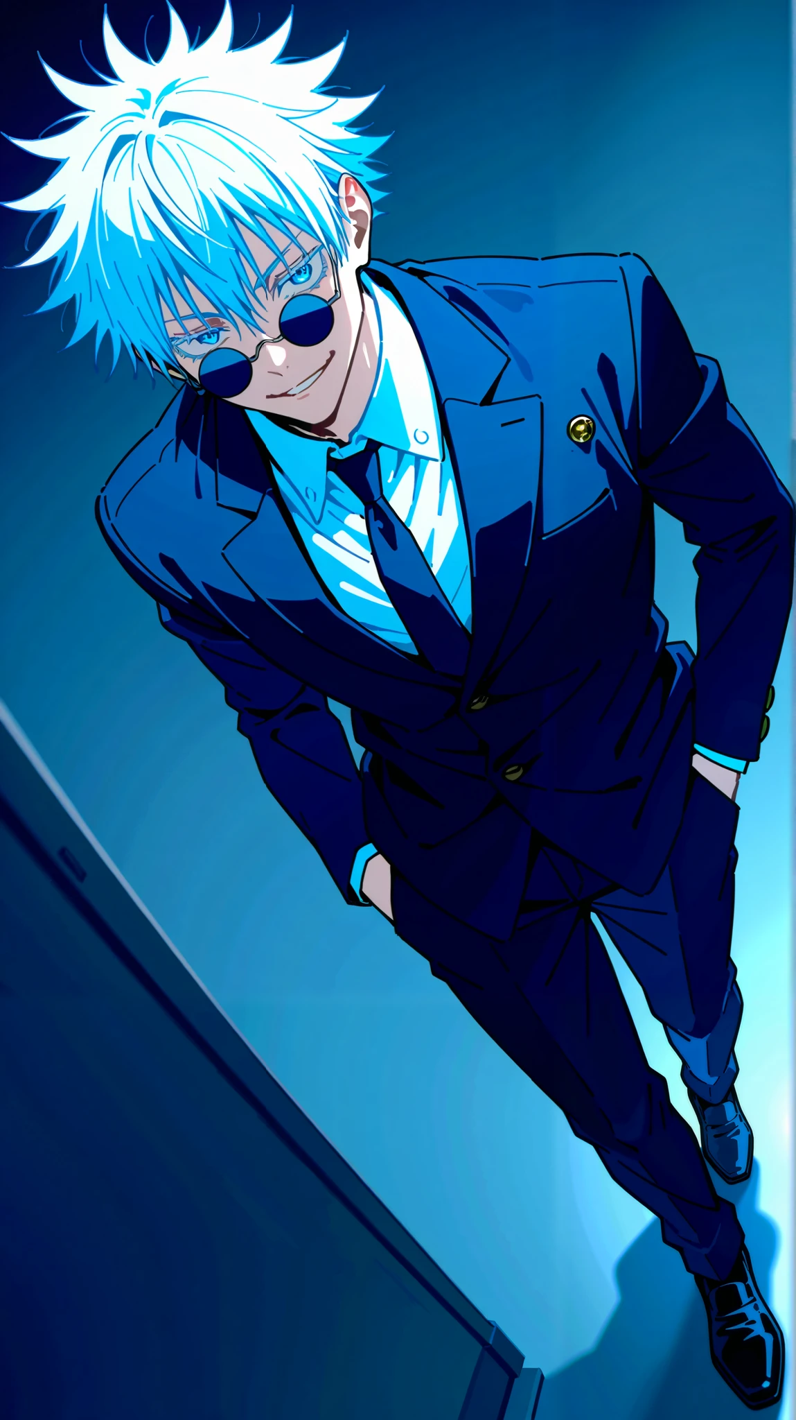 solo,1boy\(satoru gojo\((jujutsu kaisen:1.3),movie,student\),18 years old,(white long eyelash:1.2),(bangs), black (high-school uniform:1.2),beautiful eyes,black shose,(long hair:0.5),white hair,circle-sunglasses,full body,hands in pocket,smirk, shiny glowing blue eyes\),stylish blue and red background,dynamic angle