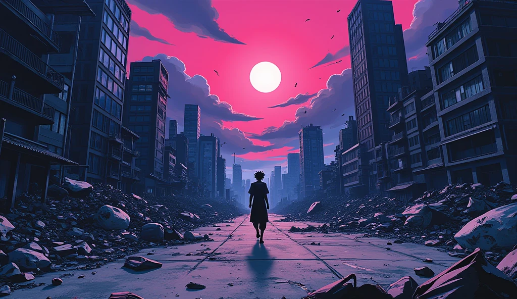 Destroyed city in anime style, without structures, like a terrain with scrumbles around, dirty floor, and a dark eerie atmosphere, ((sbright vivid sky)), ((you can use shibyua city in jujutsu kaisen season 2 as example))