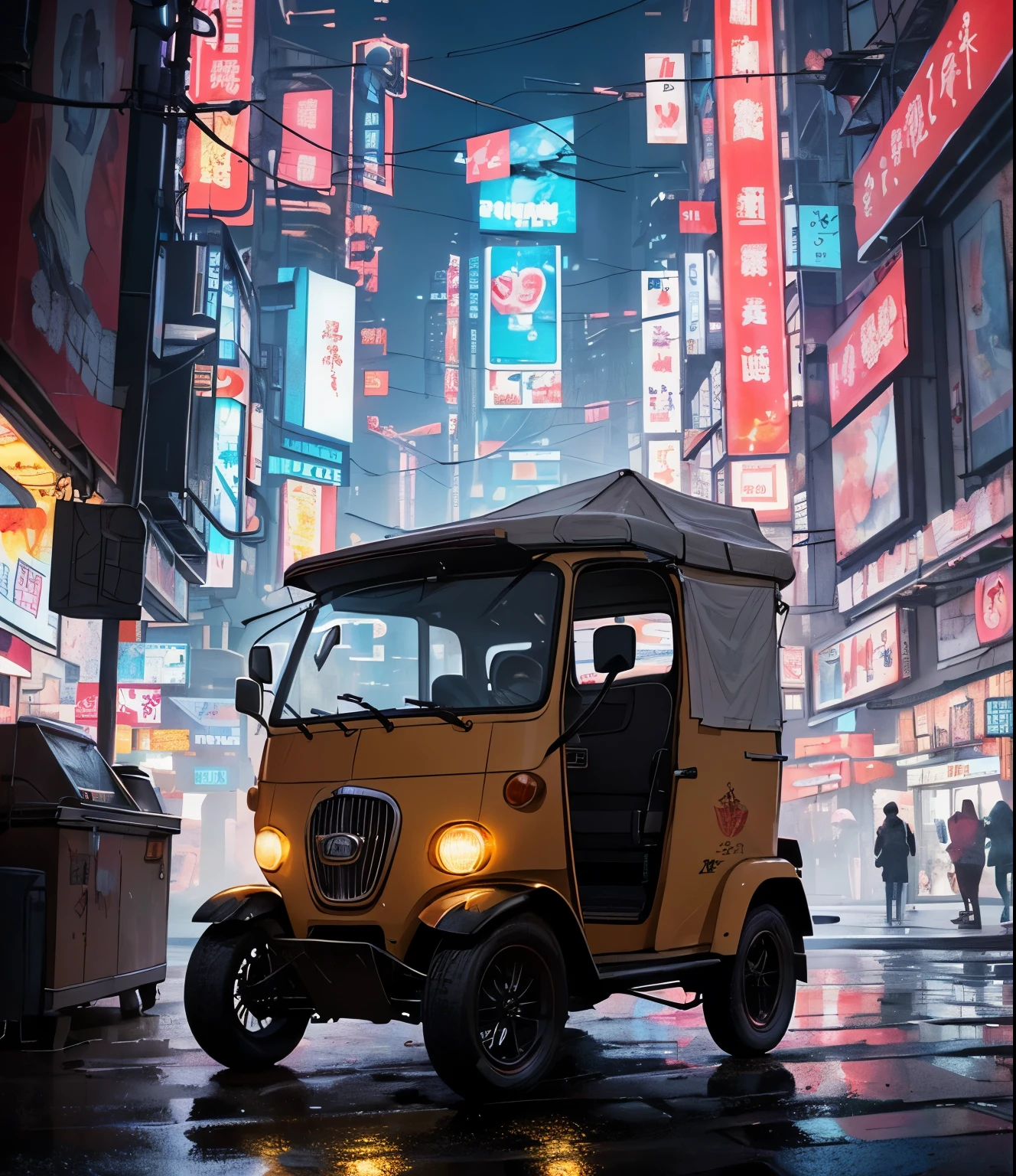 ( Late Night:1.3), , (  beautiful skin texture 、Every detail ,   Detailsな美しい顔,  超 Details clothing textures), , (  cyberpunk:1.4), , (an  超 Detailsfour-wheeled and long bonnet tuk-tuk with load on roof carrier and eear loading platform with luggage on it and letter-tyres), , (3/4 Front view,   with car in the center of the frame  ), , (In the parking lot, at  超 Details Night City of   cyberpunk), (すべての車は  cyberpunkなカスタマイズが施された日本の軽トラックのクラシックカーです), , (  soft lighting  ), , (masterpiece,  top quality :1.4, 8k,  超 Details,   illustration,   clear _ images,    complicated _  Details, delicate   illustration), (  realistic :0.15)，Snow Scene，