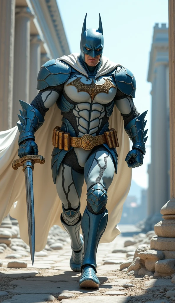  This is Batman defending Greece 。 Please follow Batman's design。 armor is more mechanical and intricate decorations 。The armor is full of scratches 。 His armor consists of light blue and white 。 He's wearing a white cloak 。He wears a crown that evokes the image of Greece。 he has a sword in both hands １Hold a book at a time 、He runs through 。Greek buildings and rocks are reflected in the background。 Dynamic Poses。