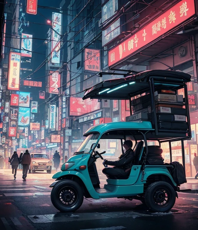 ( Late Night:1.3), , (  beautiful skin texture 、Every detail ,   Detailsな美しい顔,  超 Details clothing textures), , (  cyberpunk:1.4), , (an  超 Detailsfour-wheeled and long bonnet tuk-tuk with load on roof carrier and eear loading platform with luggage on it and letter-tyres), , (3/4 Front view,   with car in the center of the frame  ), , (In the parking lot, at  超 Details Night City of   cyberpunk), (すべての車は  cyberpunkなカスタマイズが施された日本の軽トラックのクラシックカーです), , (  soft lighting  ), , (masterpiece,  top quality :1.4, 8k,  超 Details,   illustration,   clear _ images,    complicated _  Details, delicate   illustration), (  realistic :0.15)，Snow Scene，