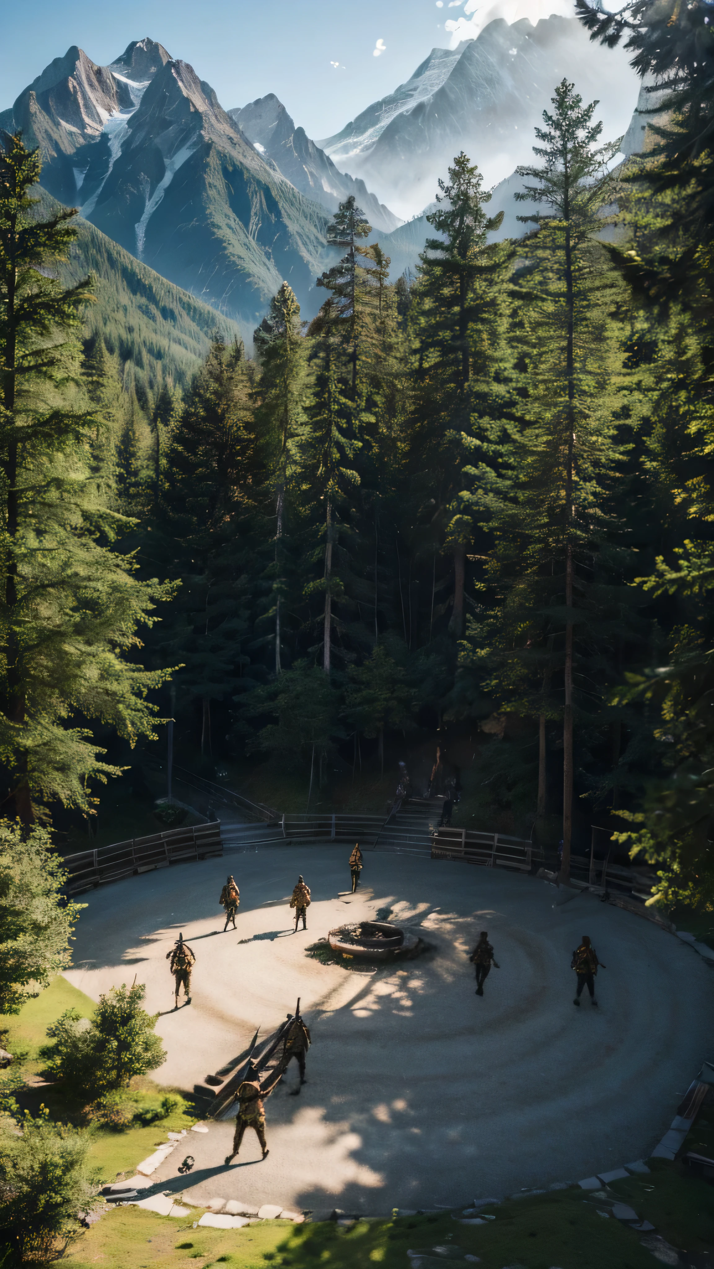 masterpiece,  very detailed,  super real ,  detailed background ,  bright lighting , Daylight,, (A swordsman fights against bandits in a plaza surrounded by woods), (Mountain hut), (Wide angle),