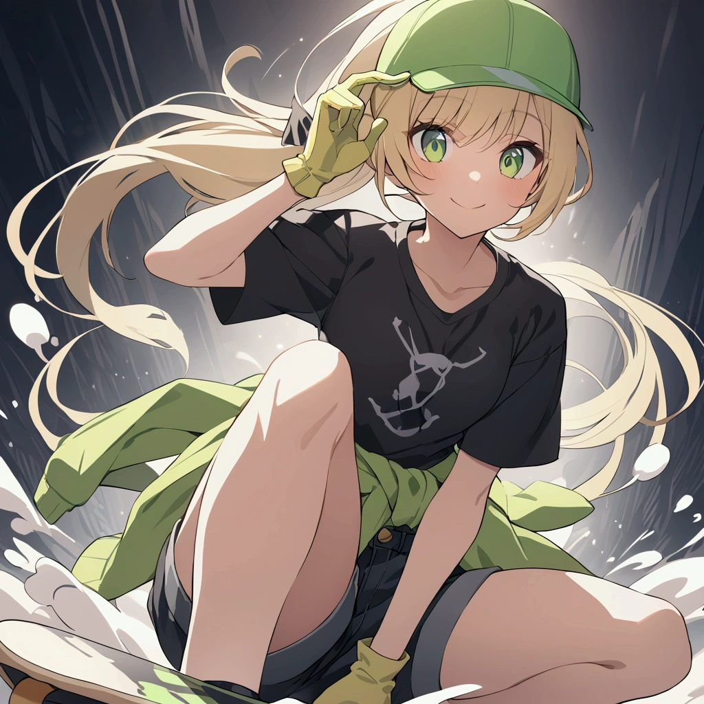 (Well done: 1) girl Young woman, short stature, light brown skin and blonde hair with white and greenish highlights, tied in a ponytail down to her knees. Big, expressive green eyes. Wears a black top, black denim shorts, a yellow sweatshirt around her waist, a green cap with yellow details, cream gloves and black skateboards. proud expression with a convinced smile. Dynamic pose.