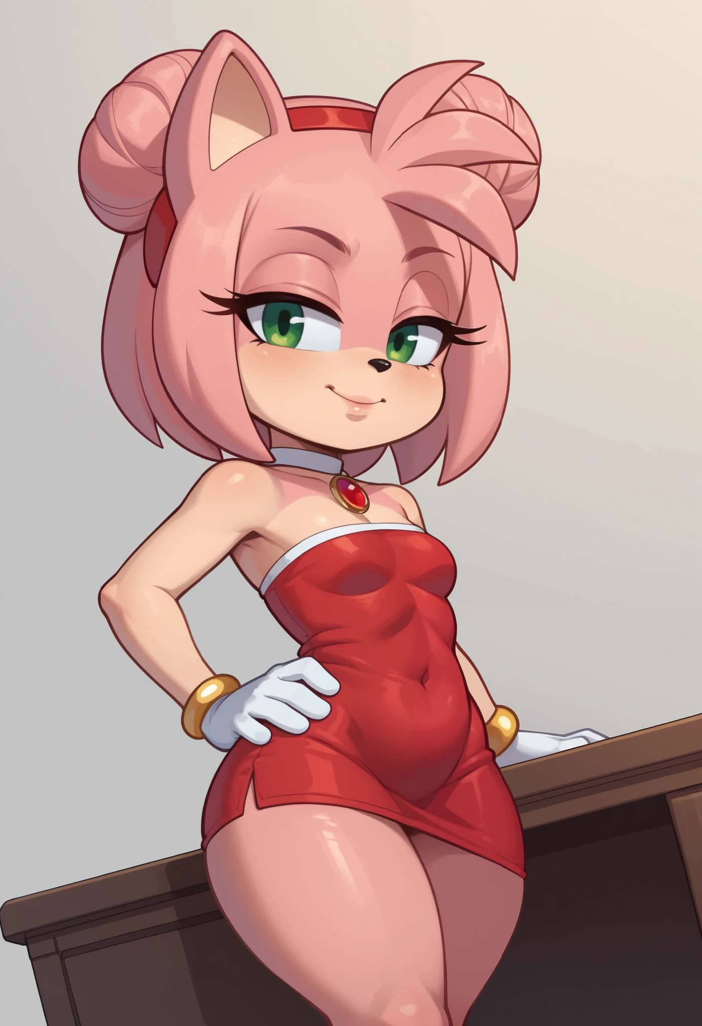 score_9, score_8_up, score_7_up, rating_explicit, source_cartoon, white outline, bold outline, simple background, evnstnly, 1 girl, furry female, amy rose, two-tone skin, cute, (shortstack:1.3), white gloves, gold bracelet, tube top, small breasts, huge hips, plump, chibi, hand on hip, motion lines, half closed eyes, head tilt, from side.|  choker, double bun, dutch angle, jewelry, fewer digits, makeup, earrings, red pendant, school dress. school class. desk.
