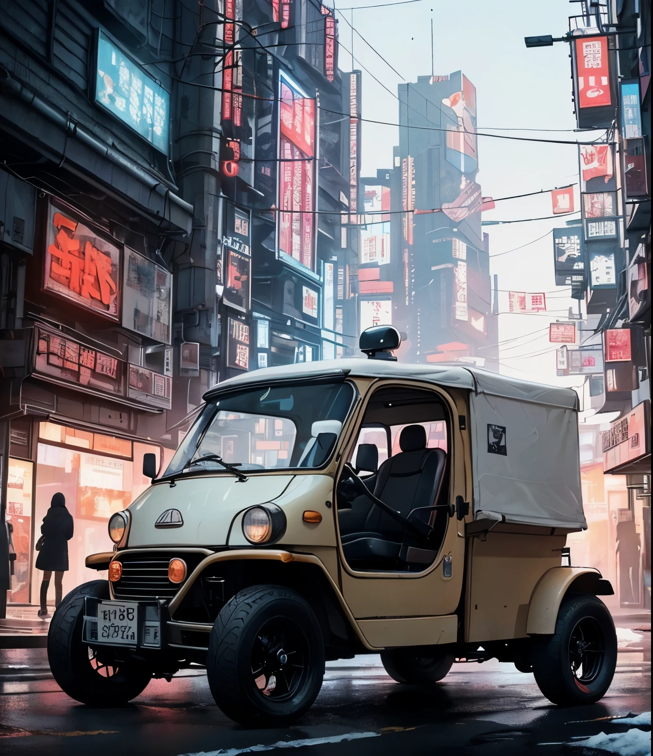 ( Late Night:1.3), , (  beautiful skin texture 、Every detail ,   Detailsな美しい顔,  超 Details clothing textures), , (  cyberpunk:1.4), , (an  超 Detailsfour-wheeled and long bonnet tuk-tuk with load on roof carrier and eear loading platform with luggage on it and letter-tyres), , (3/4 Front view,   with car in the center of the frame  ), , (In the parking lot, at  超 Details Night City of   cyberpunk), (すべての車は  cyberpunkなカスタマイズが施された日本の軽トラックのクラシックカーです), , (  soft lighting  ), , (masterpiece,  top quality :1.4, 8k,  超 Details,   illustration,   clear _ images,    complicated _  Details, delicate   illustration), (  realistic :0.15)，Snow Scene，