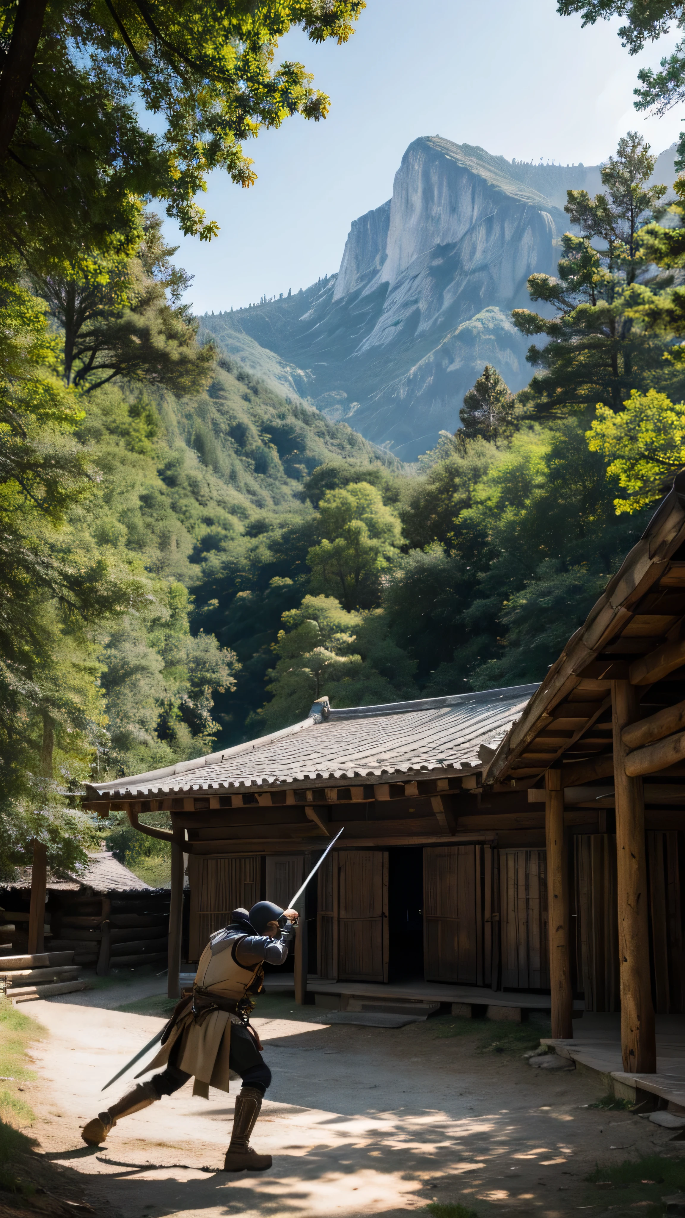 masterpiece,  very detailed,  super real ,  detailed background ,  bright lighting , Daylight,, (A swordsman fights against bandits in a plaza surrounded by woods), (Mountain hut), (Wide angle),