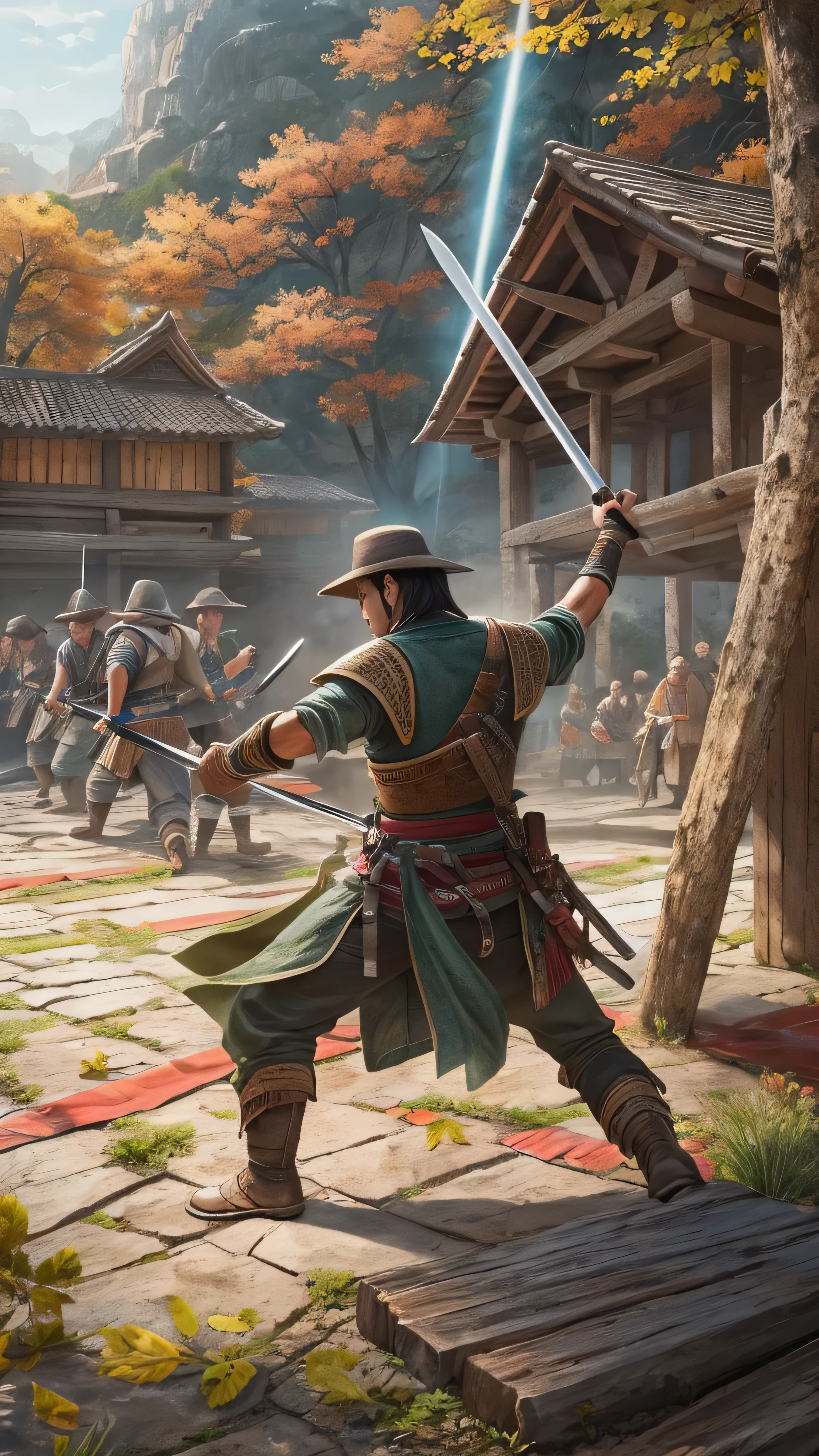 masterpiece,  very detailed,  super real ,  detailed background ,  bright lighting , Daylight,, (A swordsman fights against bandits in a plaza surrounded by woods), (Mountain hut), (Wide angle),