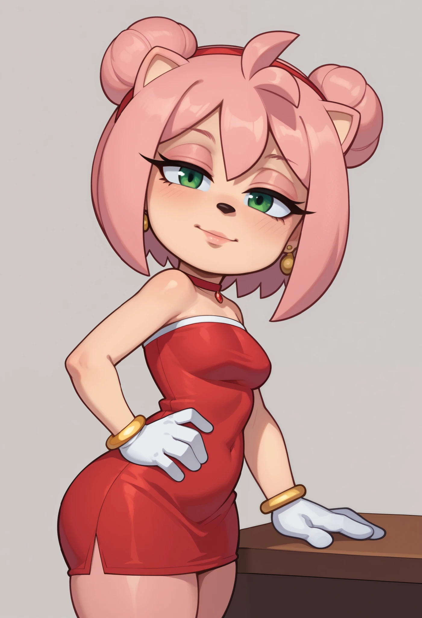 score_9, score_8_up, score_7_up, rating_explicit, source_cartoon, white outline, bold outline, simple background, evnstnly, 1 girl, furry female, amy rose, two-tone skin, cute, (shortstack:1.3), white gloves, gold bracelet, tube top, small breasts, huge hips, plump, chibi, hand on hip, motion lines, half closed eyes, head tilt, from side.|  choker, double bun, dutch angle, jewelry, fewer digits, makeup, earrings, red pendant, school dress. school class. desk.
