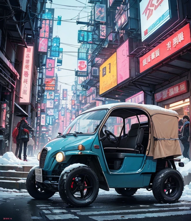 ( Late Night:1.3), , (  beautiful skin texture 、Every detail ,   Detailsな美しい顔,  超 Details clothing textures), , (  cyberpunk:1.4), , (an  超 Detailsfour-wheeled and long bonnet tuk-tuk with load on roof carrier and eear loading platform with luggage on it and letter-tyres), , (3/4 Front view,   with car in the center of the frame  ), , (In the parking lot, at  超 Details Night City of   cyberpunk), (すべての車は  cyberpunkなカスタマイズが施された日本の軽トラックのクラシックカーです), , (  soft lighting  ), , (masterpiece,  top quality :1.4, 8k,  超 Details,   illustration,   clear _ images,    complicated _  Details, delicate   illustration), (  realistic :0.15)，Snow Scene，