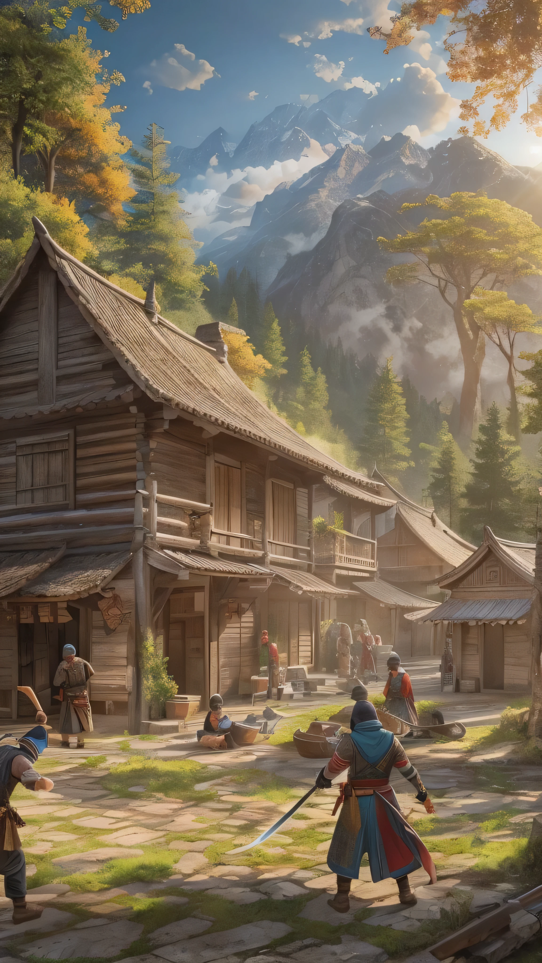 masterpiece,  very detailed,  super real ,  detailed background ,  bright lighting , Daylight,, (A swordsman fights against bandits in a plaza surrounded by woods), (Mountain hut), (Wide angle),