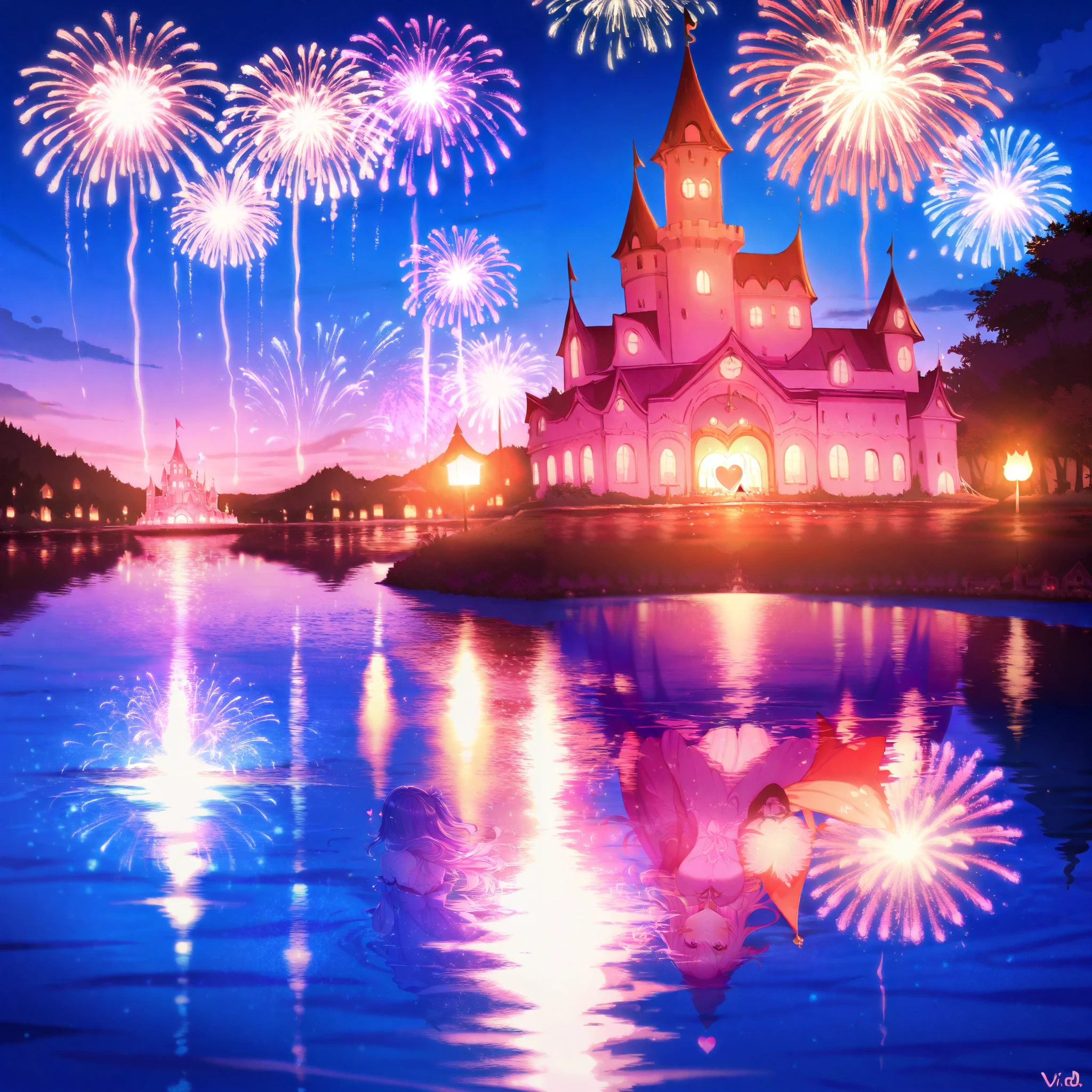 Fireworks by night on a lake, heart-shaped castle in the background, reflecting on the water, vivid colors, masterpiece, anime style, magical, glamorous, dramatic light, clair-obscur,