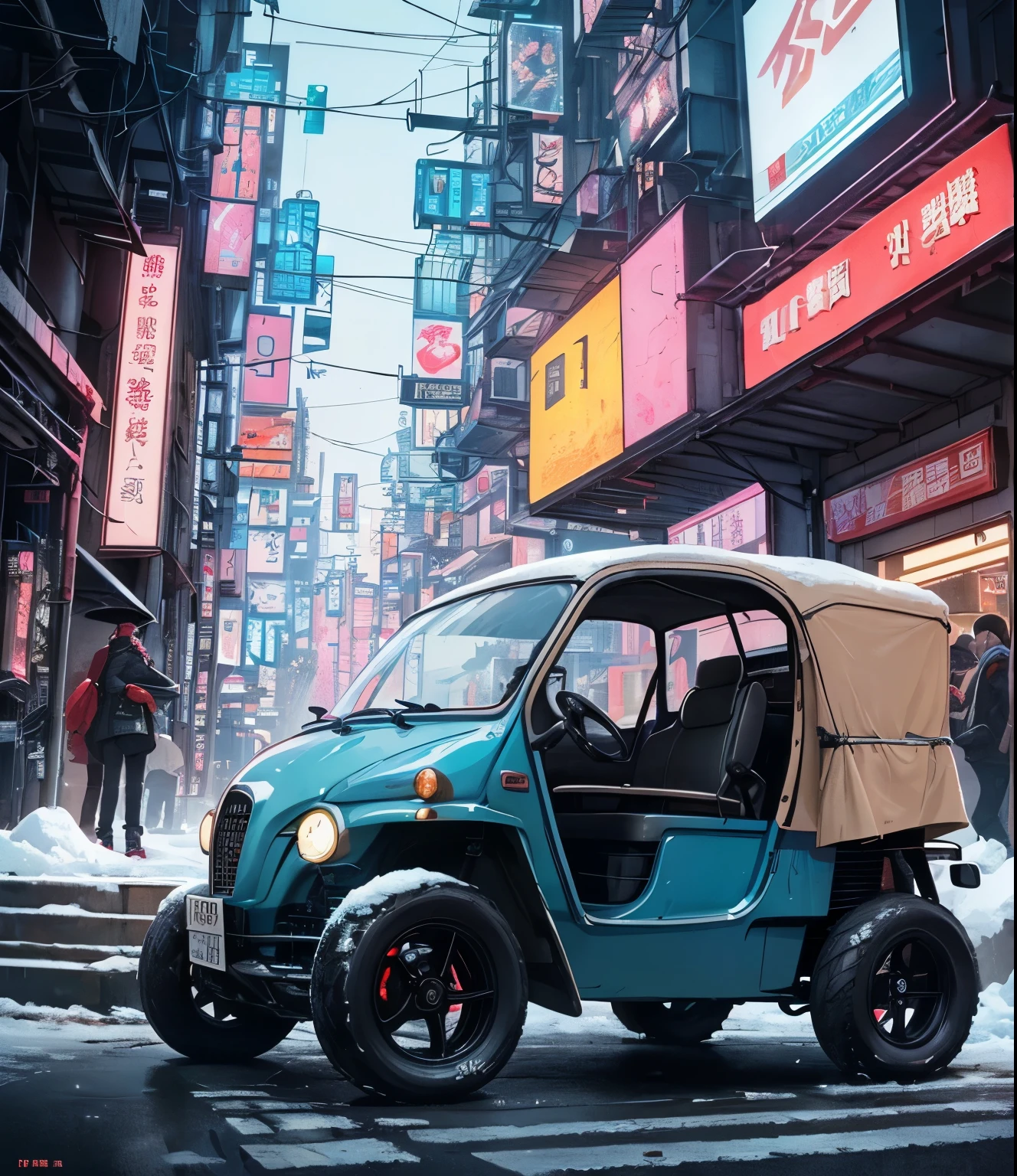 ( Late Night:1.3), , (  beautiful skin texture 、Every detail ,   Detailsな美しい顔,  超 Details clothing textures), , (  cyberpunk:1.4), , (an  超 Detailsfour-wheeled and long bonnet tuk-tuk with load on roof carrier and eear loading platform with luggage on it and letter-tyres), , (3/4 Front view,   with car in the center of the frame  ), , (In the parking lot, at  超 Details Night City of   cyberpunk), (すべての車は  cyberpunkなカスタマイズが施された日本の軽トラックのクラシックカーです), , (  soft lighting  ), , (masterpiece,  top quality :1.4, 8k,  超 Details,   illustration,   clear _ images,    complicated _  Details, delicate   illustration), (  realistic :0.15)，Snow Scene，