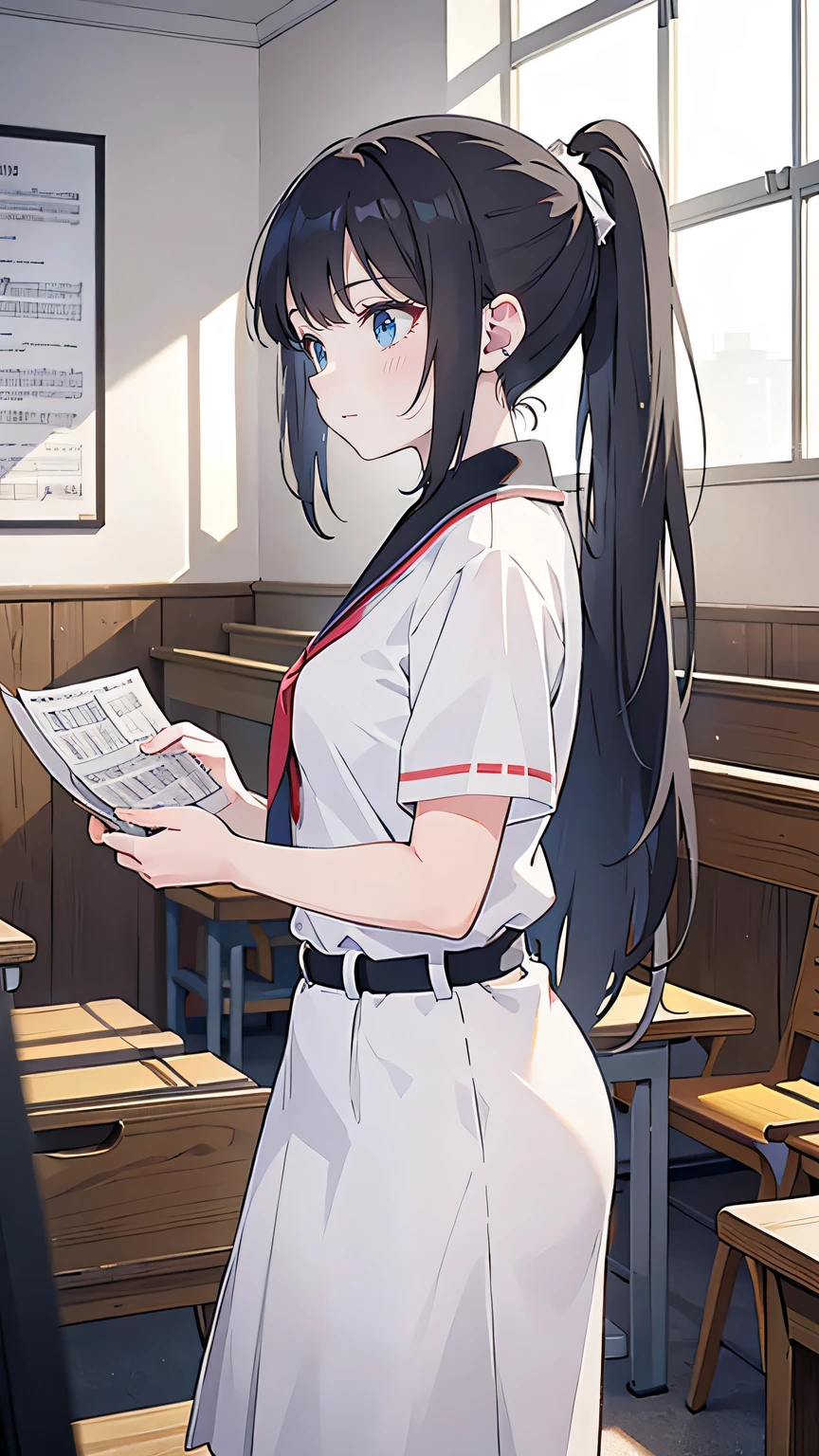 “In the high school music room just before their culture festival performance, the main character, a high school girl with black hair tied in a ponytail, stands confidently in front of her choir group. She holds a music sheet in one hand, her other hand gesturing as she gives last-minute instructions to her team. Her determined expression is matched by the trust and admiration in her teammates’ faces. The sunlight streaming through the windows highlights her strong, inspirational presence.”