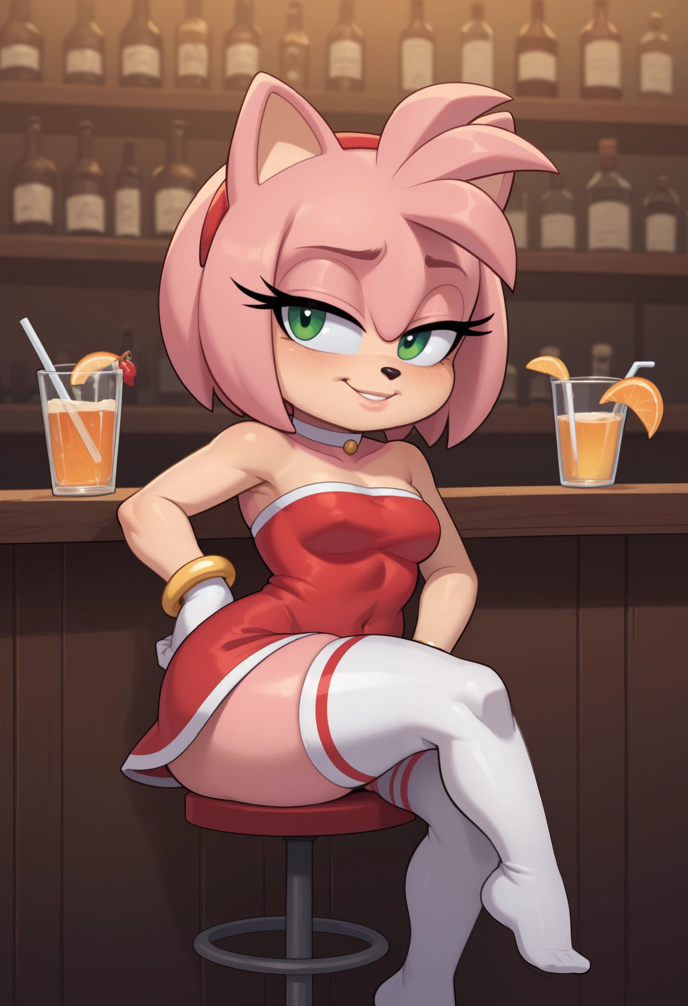 score_9, score_8_up, score_7_up, rating_explicit, source_cartoon, white outline, bold outline, simple background, evnstnly, 1 girl, furry female, amy rose, two-tone skin, cute, (shortstack:1.3), white gloves, gold bracelet, tube top, small breasts, huge hips, plump, chibi, hand on hip, motion lines, half closed eyes, head tilt, from side.|  choker,  mini dress, stockings, bar. sitting