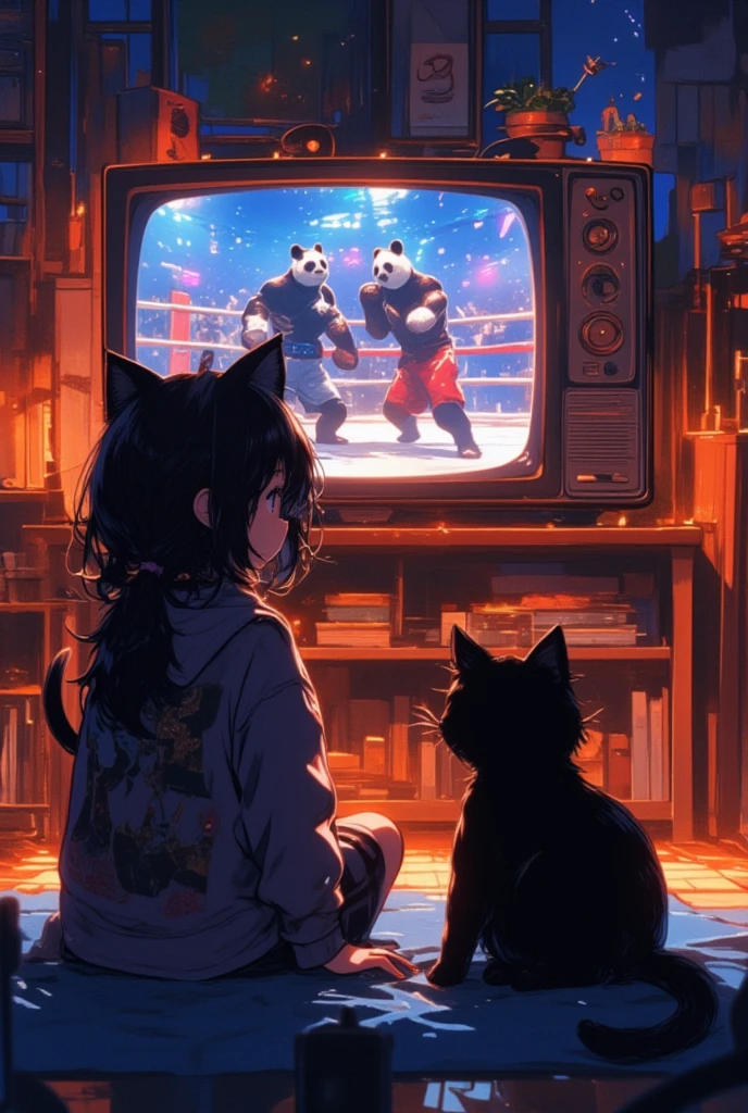 Artwork, animation, 8K quality, theme is "cat ear girl", cat ear girl and black cat are watching TV side by side, panda Muay Thai fighters are shown on TV, girl and black cat drawn from behind, backlit by TV light, warm interior at night